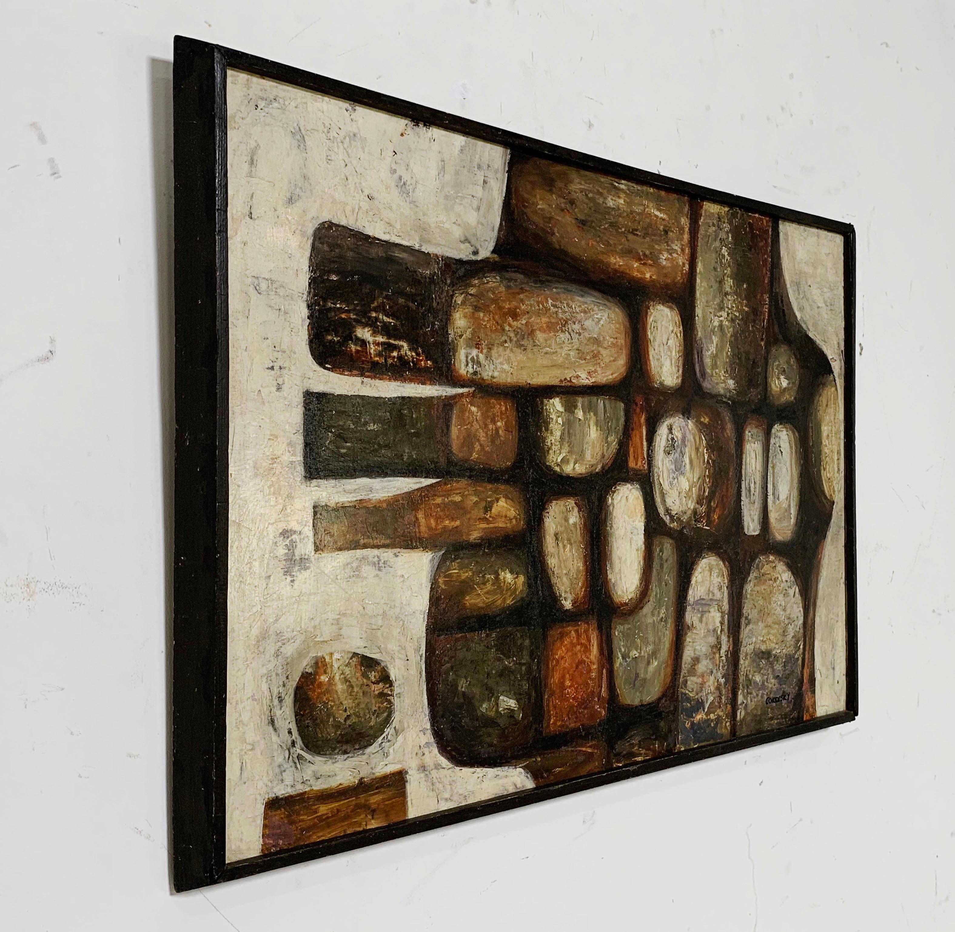 A biomorphic composition of abstract organic shapes structured in loose brickwork assemblage, oil on board signed Gokorsky, circa 1970s.