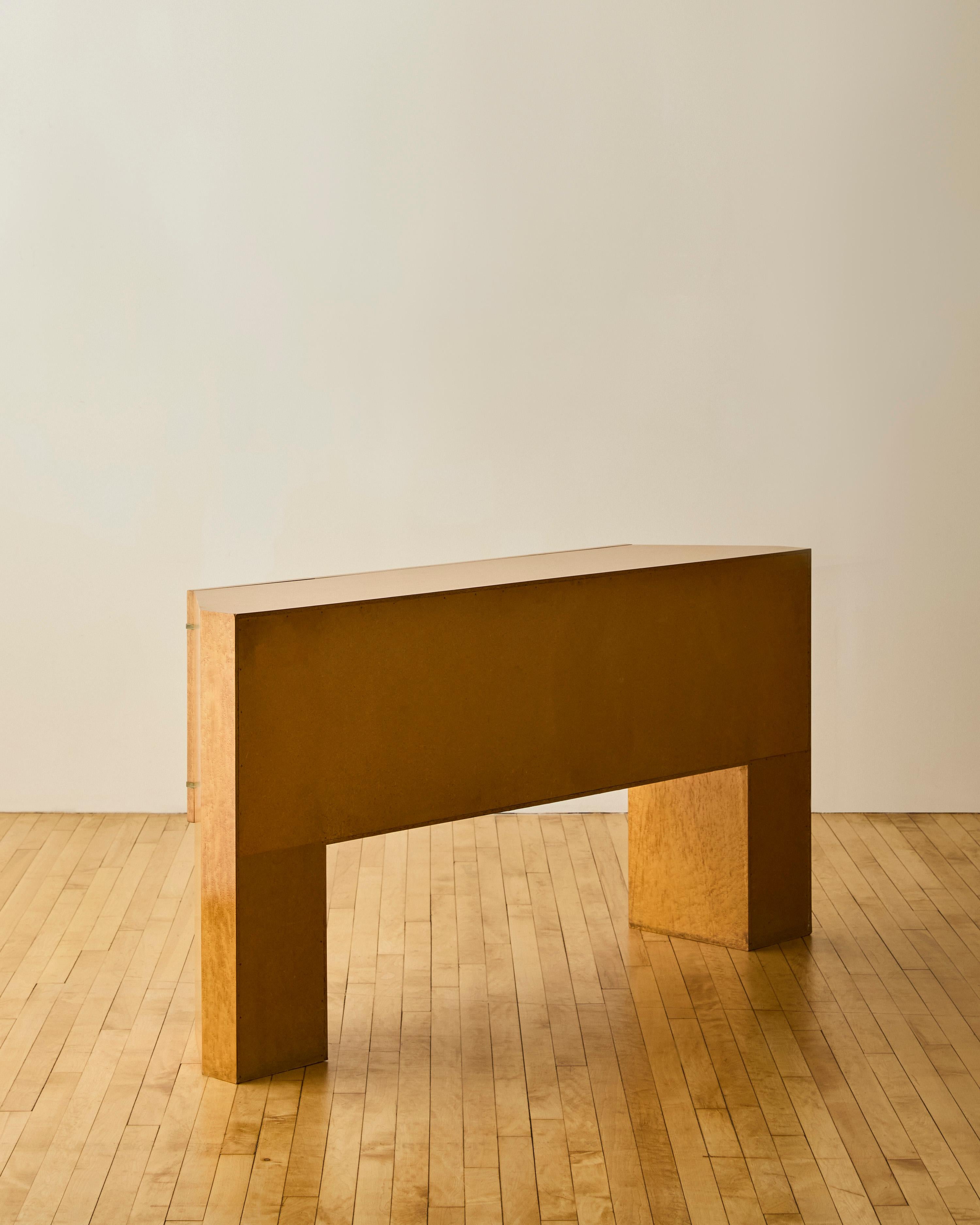 Metal Modernist Birdseye Maple Sideboard With Canted Sides c. 1975 For Sale