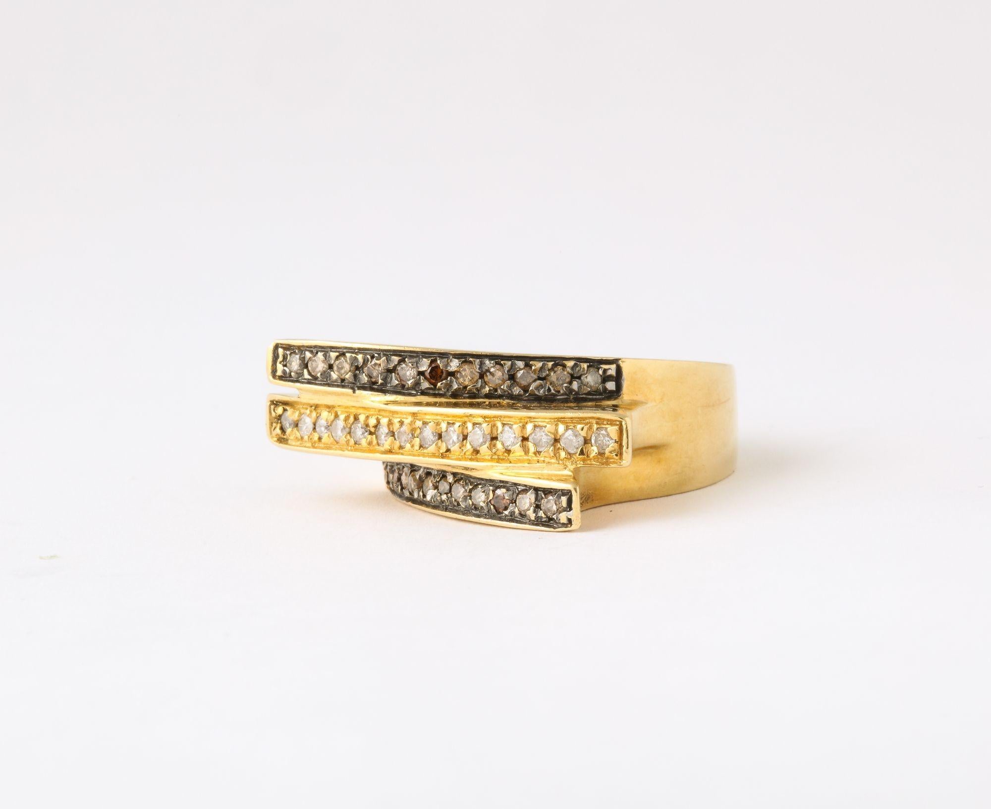 Mixed Cut Modernist Black and White Diamond and Gold Ring For Sale