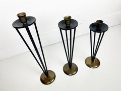 Set von 3 modernistischen Kerzenhaltern aus schwarz emailliertem Metall und Messing