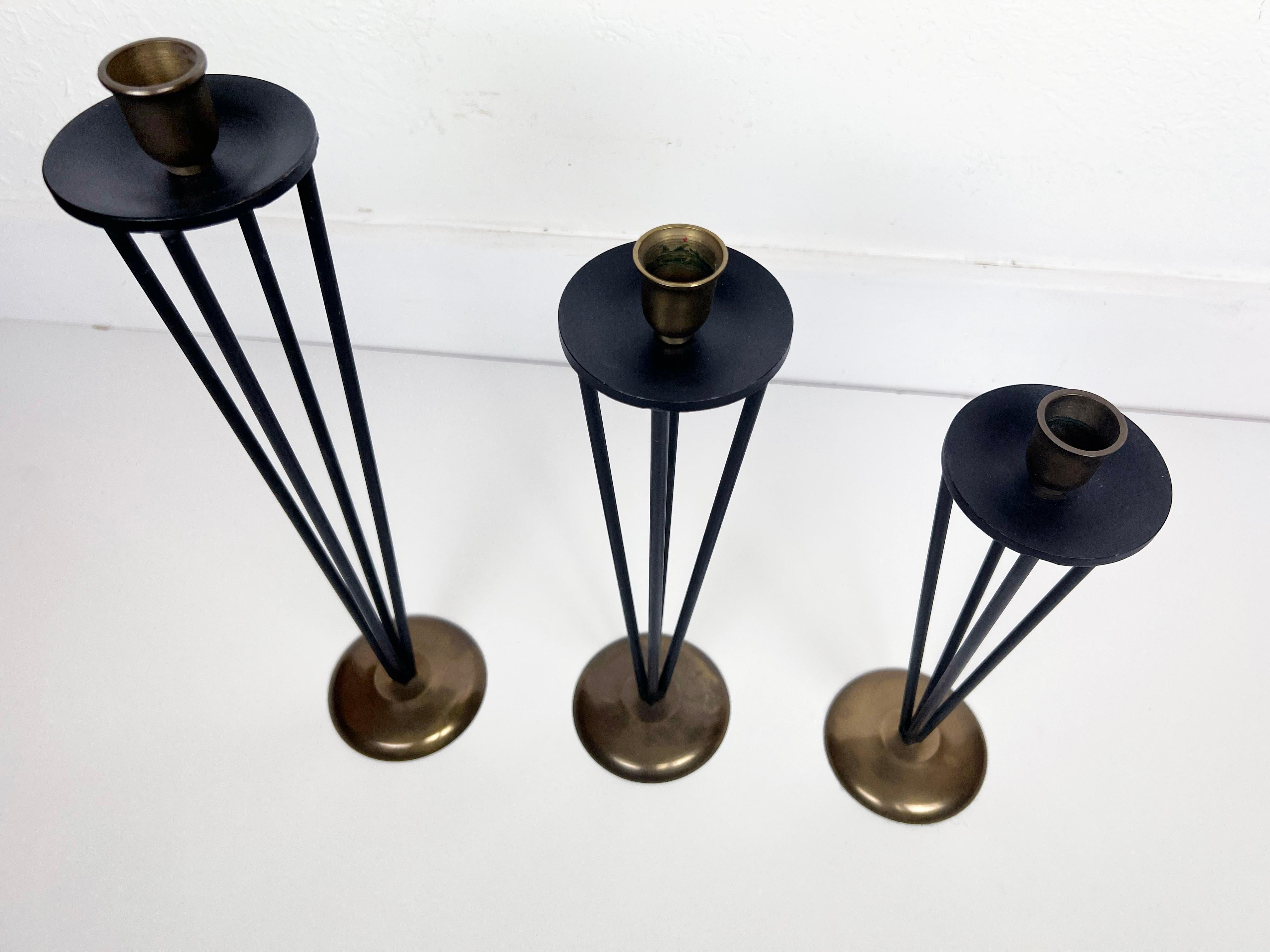 Mid-Century Modern Modernist Black Enameled Metal and Brass Candleholders, Set of 3 For Sale