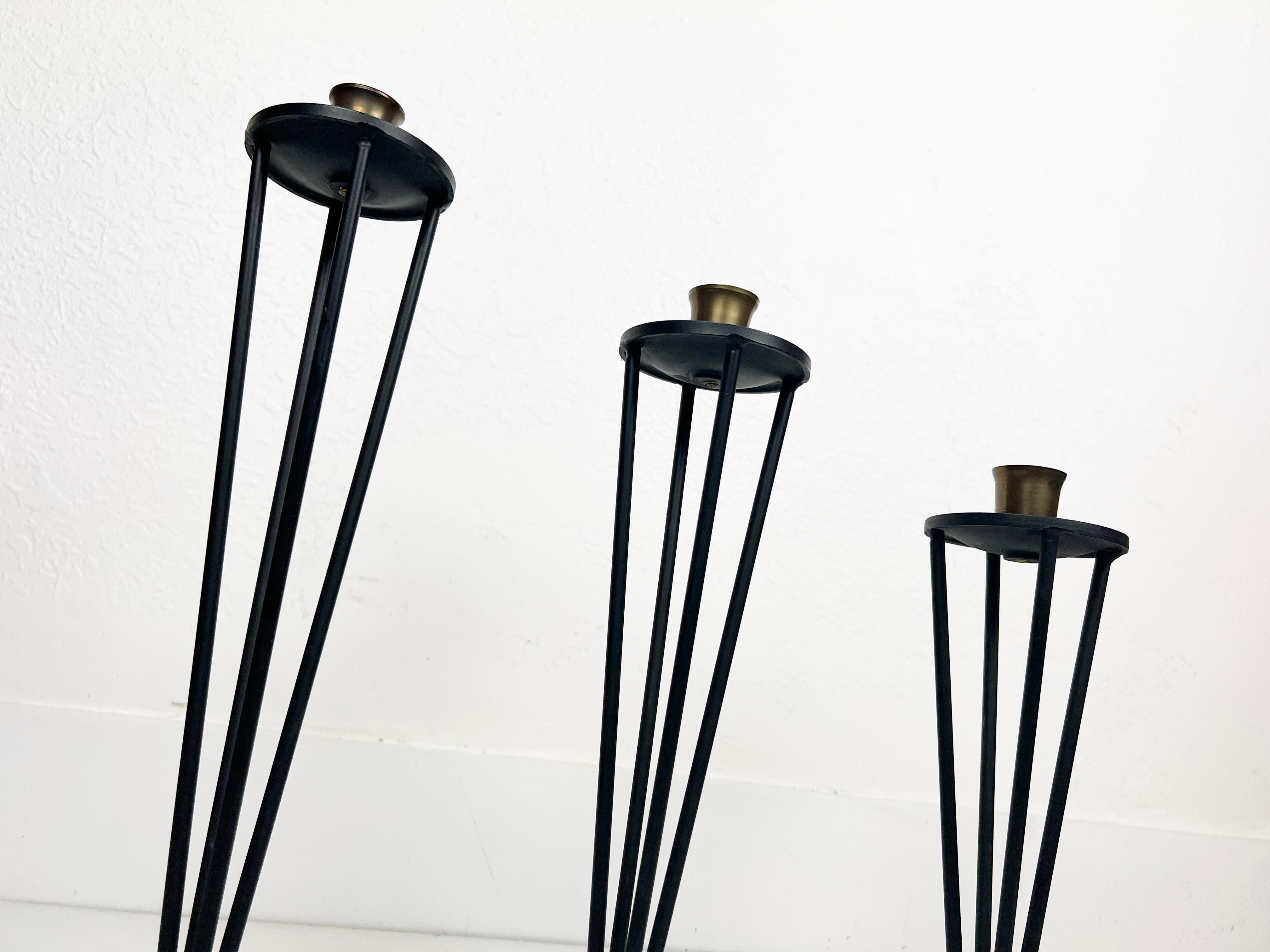 Modernist Black Enameled Metal and Brass Candleholders, Set of 3 In Excellent Condition For Sale In Fort Lauderdale, FL