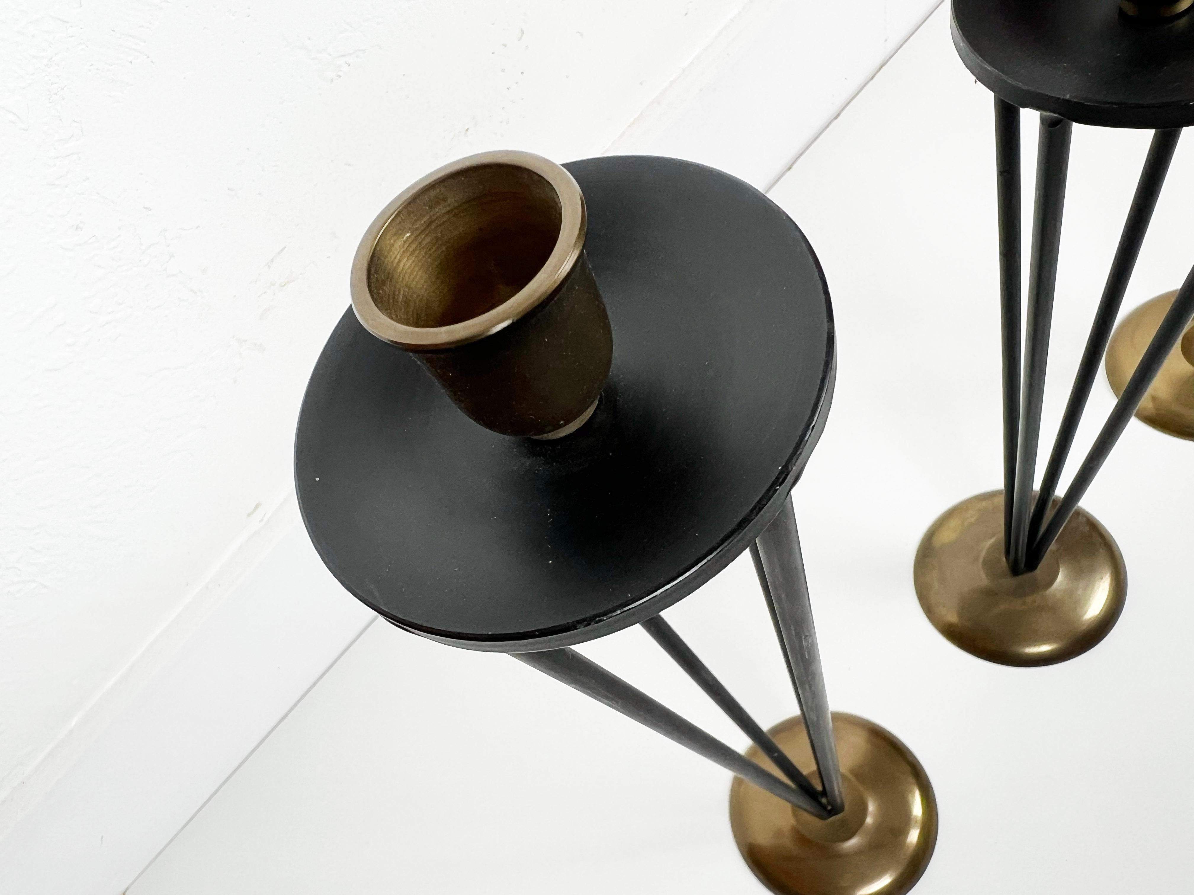 20th Century Modernist Black Enameled Metal and Brass Candleholders, Set of 3 For Sale