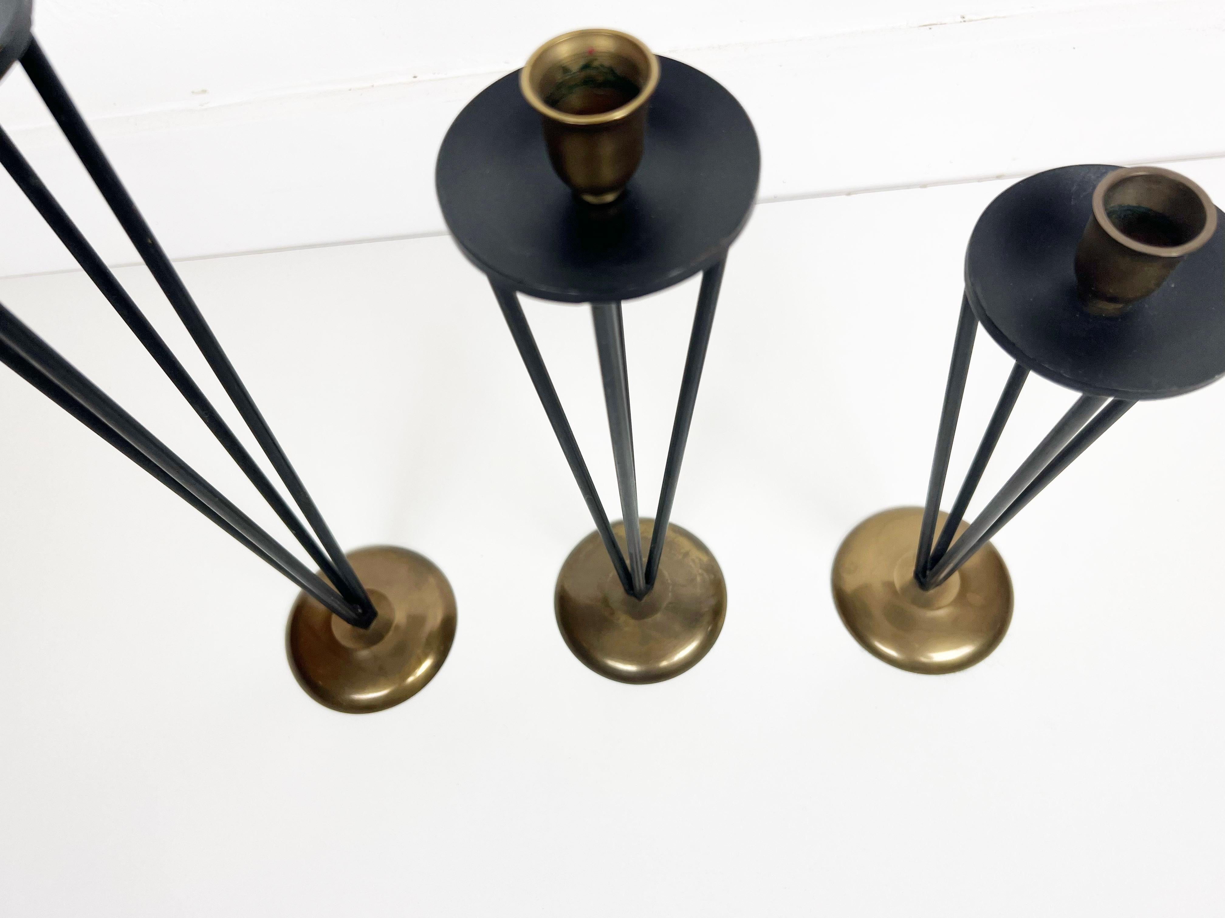 Modernist Black Enameled Metal and Brass Candleholders, Set of 3 For Sale 1