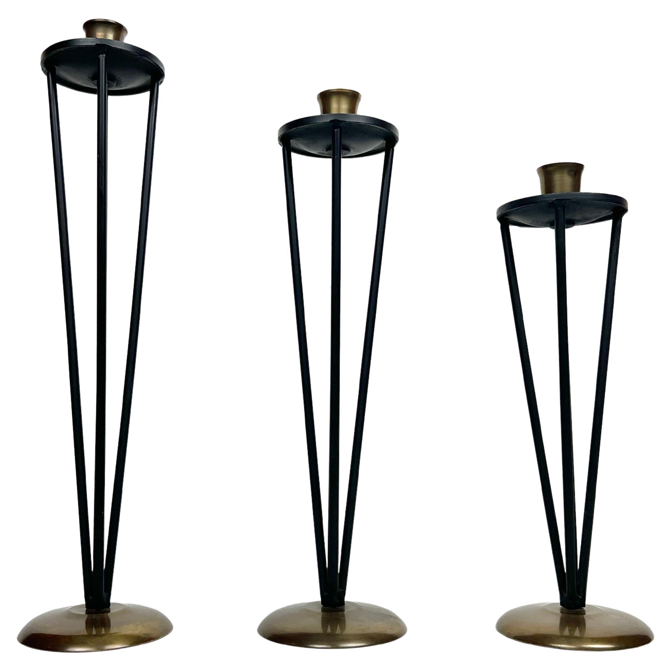 Modernist Black Enameled Metal and Brass Candleholders, Set of 3 For Sale