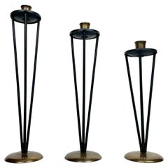 Vintage Modernist Black Enameled Metal and Brass Candleholders, Set of 3