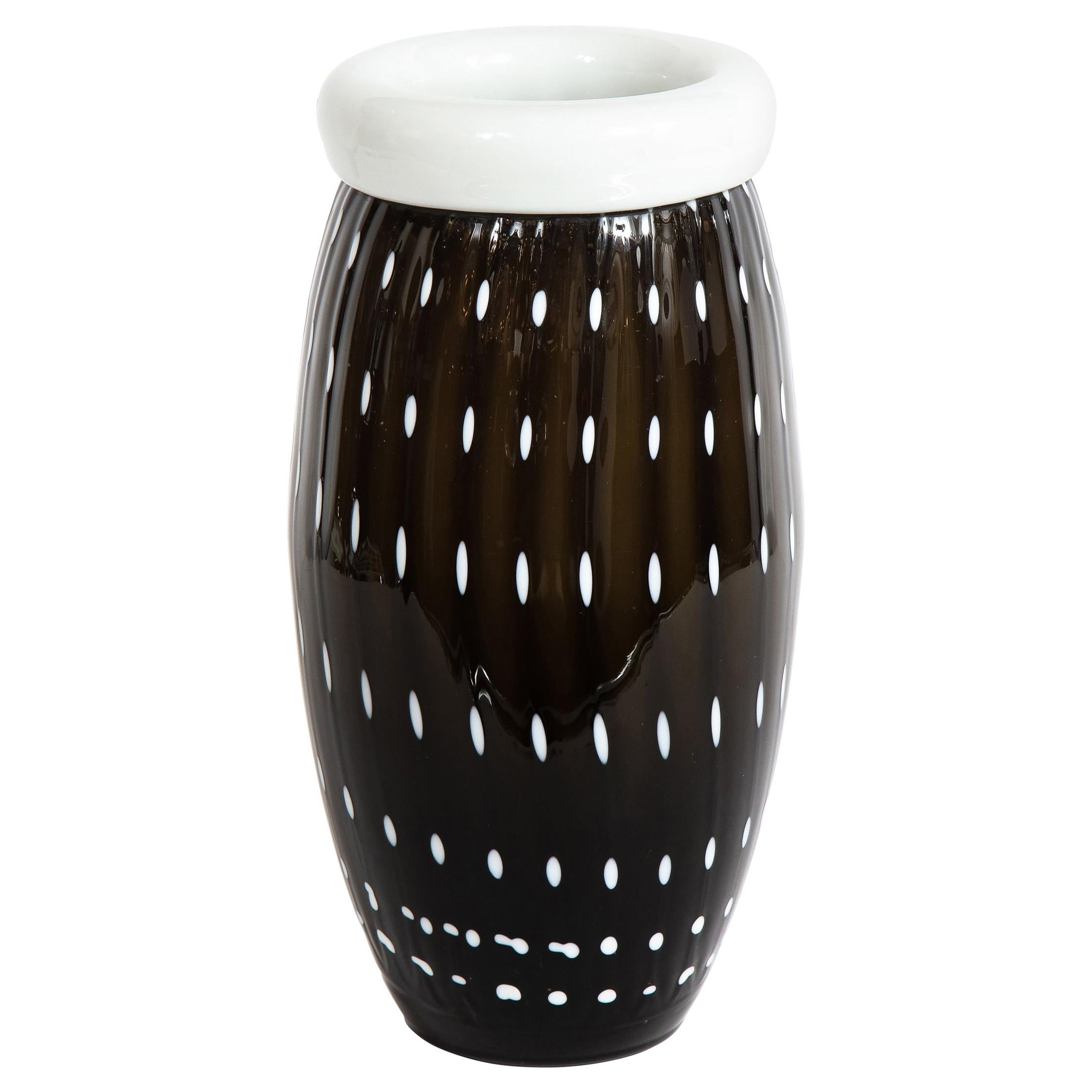 Modernist Black Hand Blown Murano Vase with White Murines