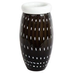 Modernist Black Hand Blown Murano Vase with White Murines