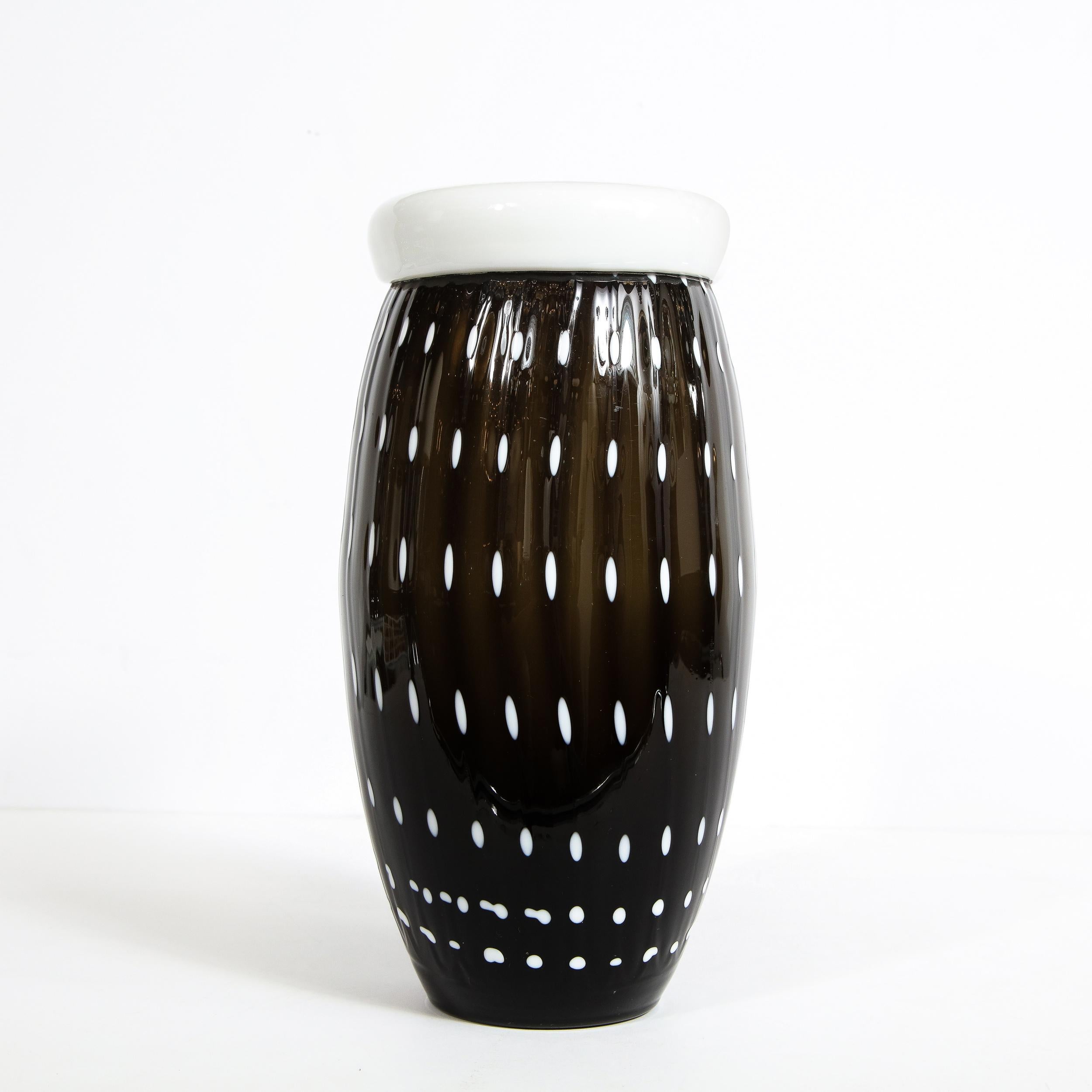 Modernist Black Hand Blown Murano Vase with White Murines In Excellent Condition In New York, NY