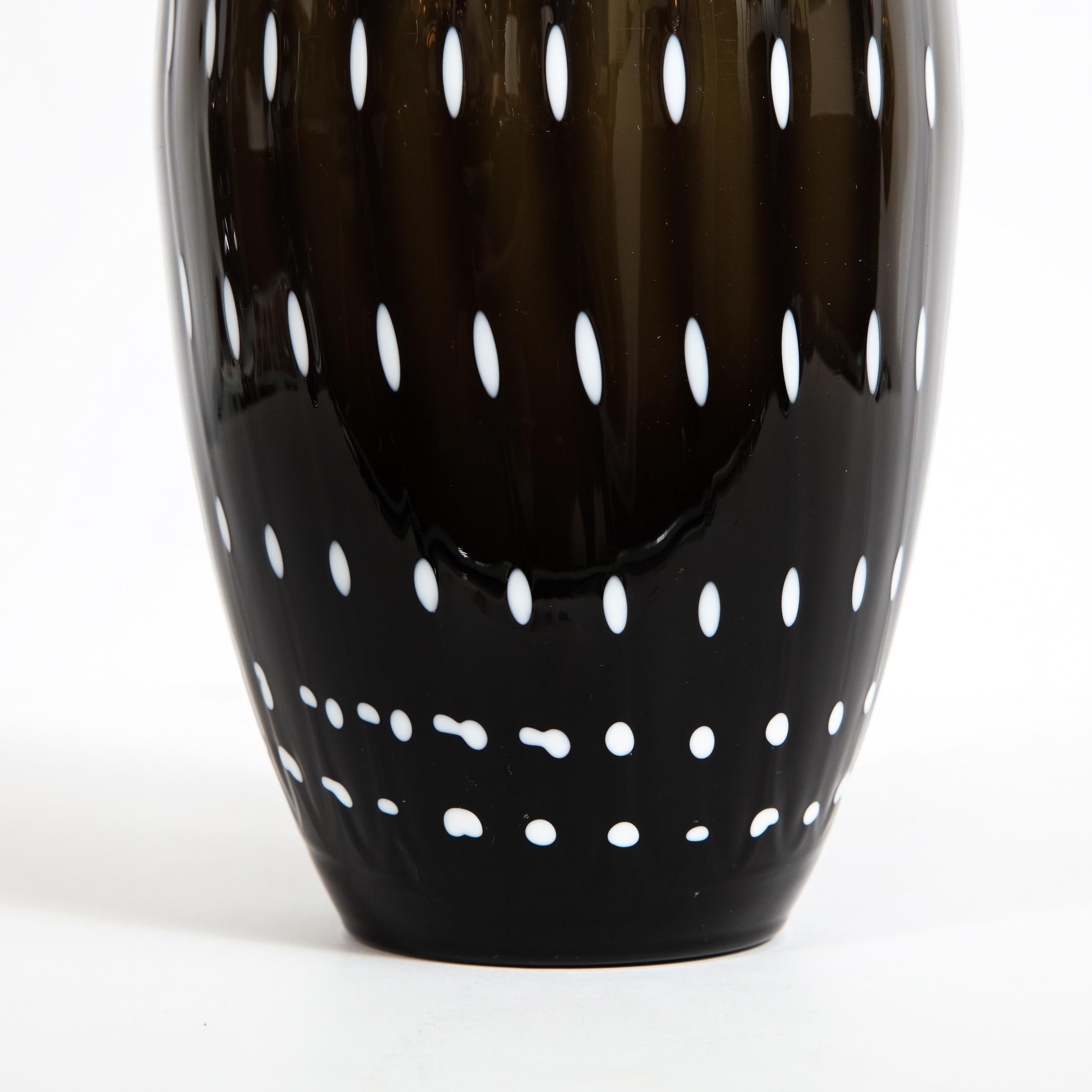 Late 20th Century Modernist Black Hand Blown Murano Vase with White Murines