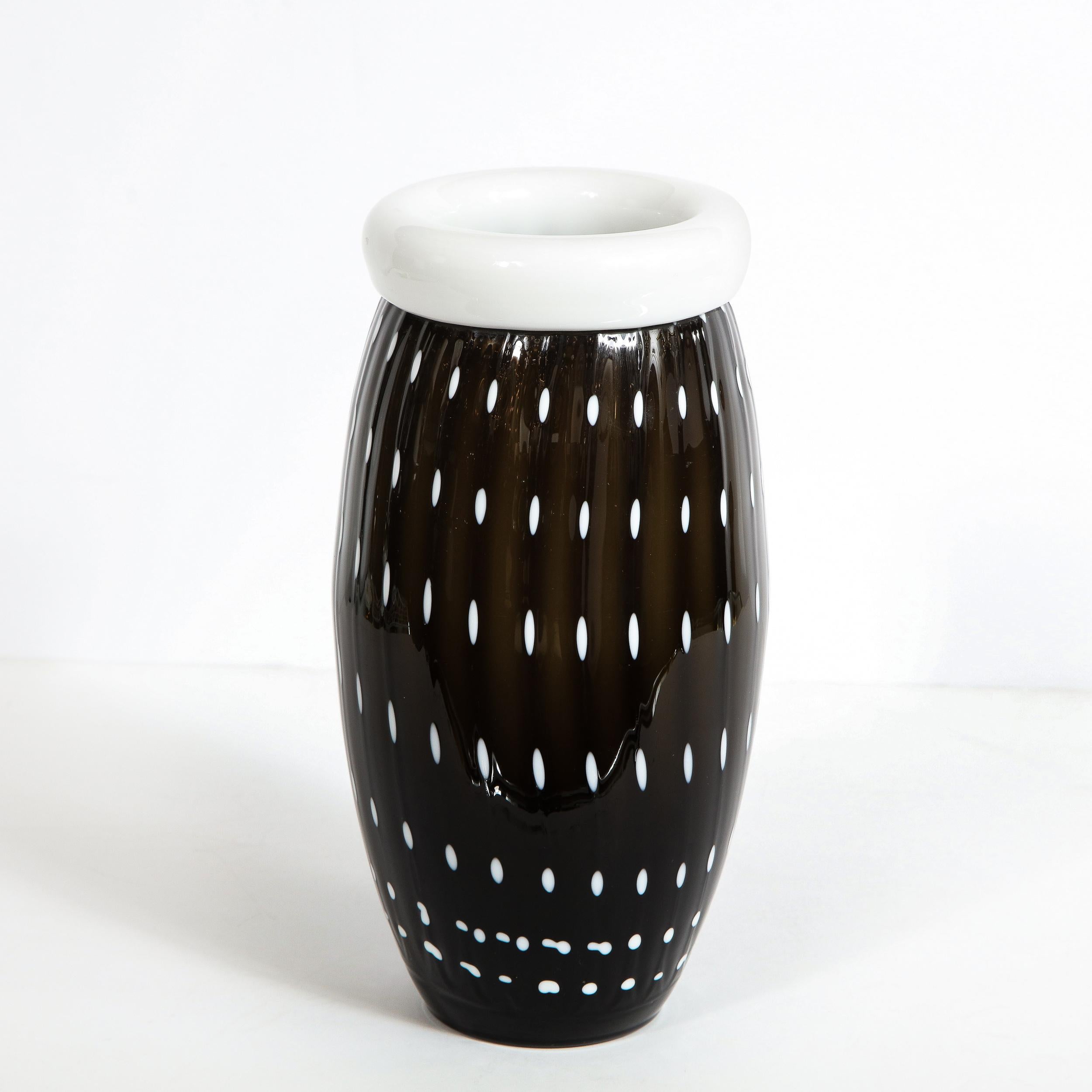 Murano Glass Modernist Black Hand Blown Murano Vase with White Murines