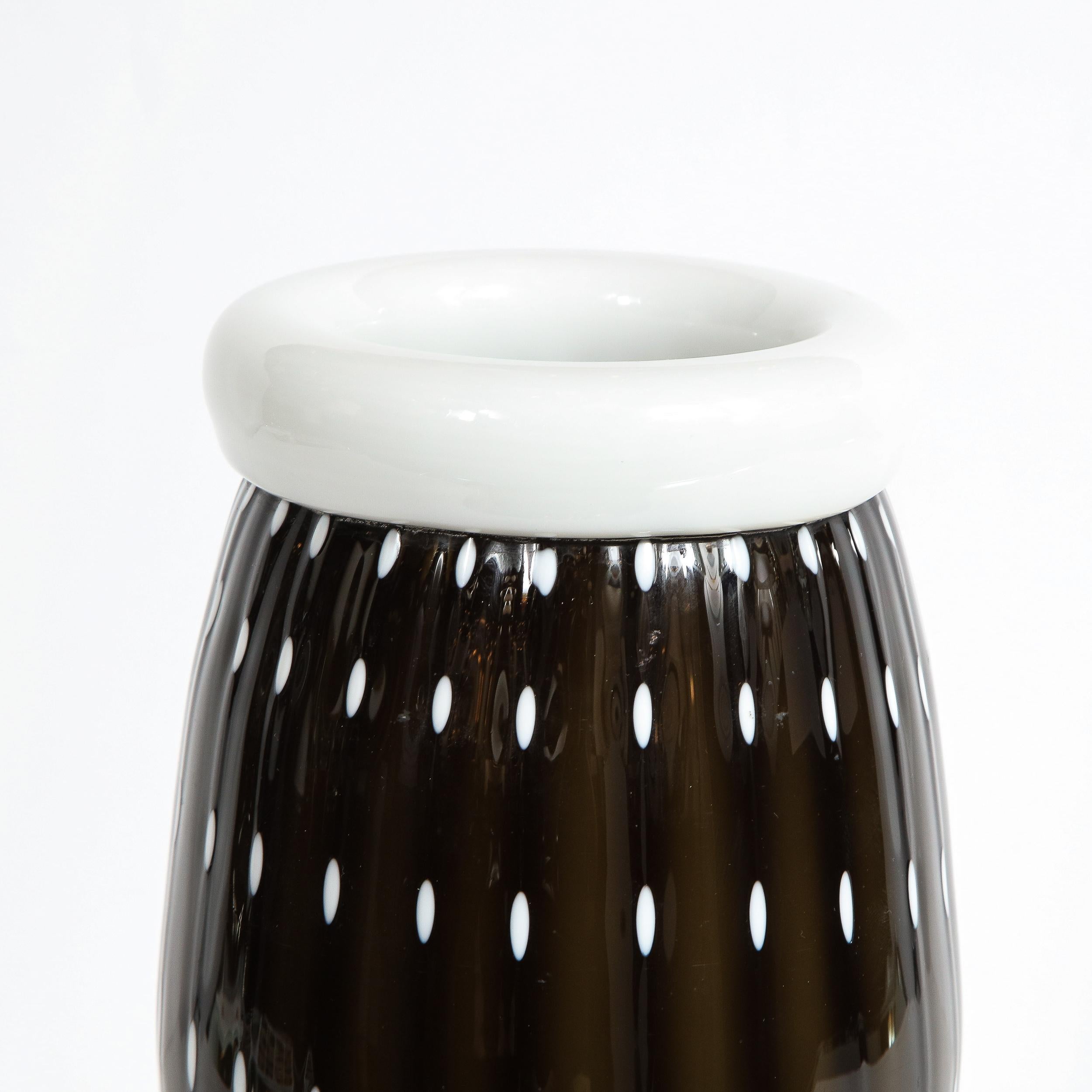 Modernist Black Hand Blown Murano Vase with White Murines 1