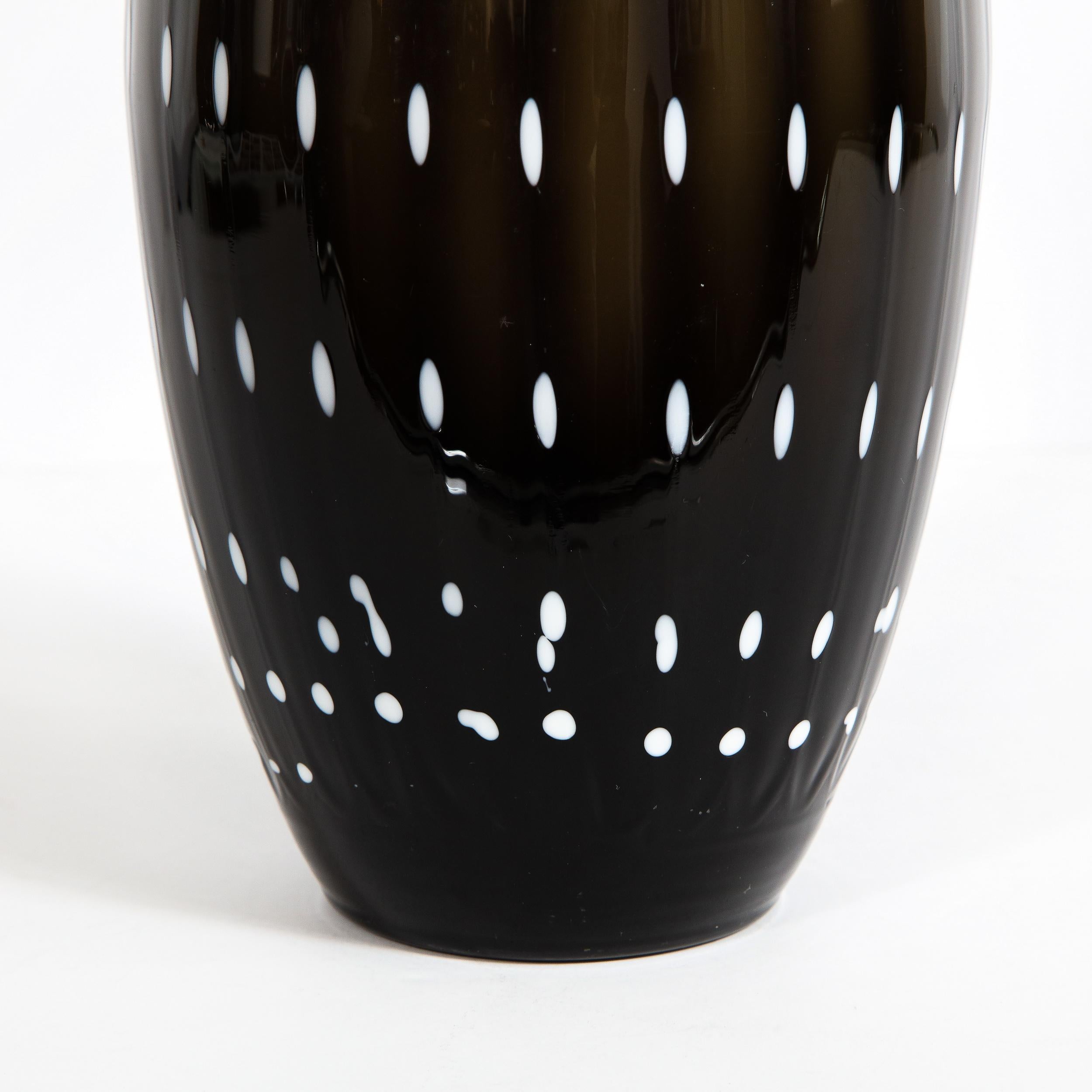 Modernist Black Hand Blown Murano Vase with White Murines 2