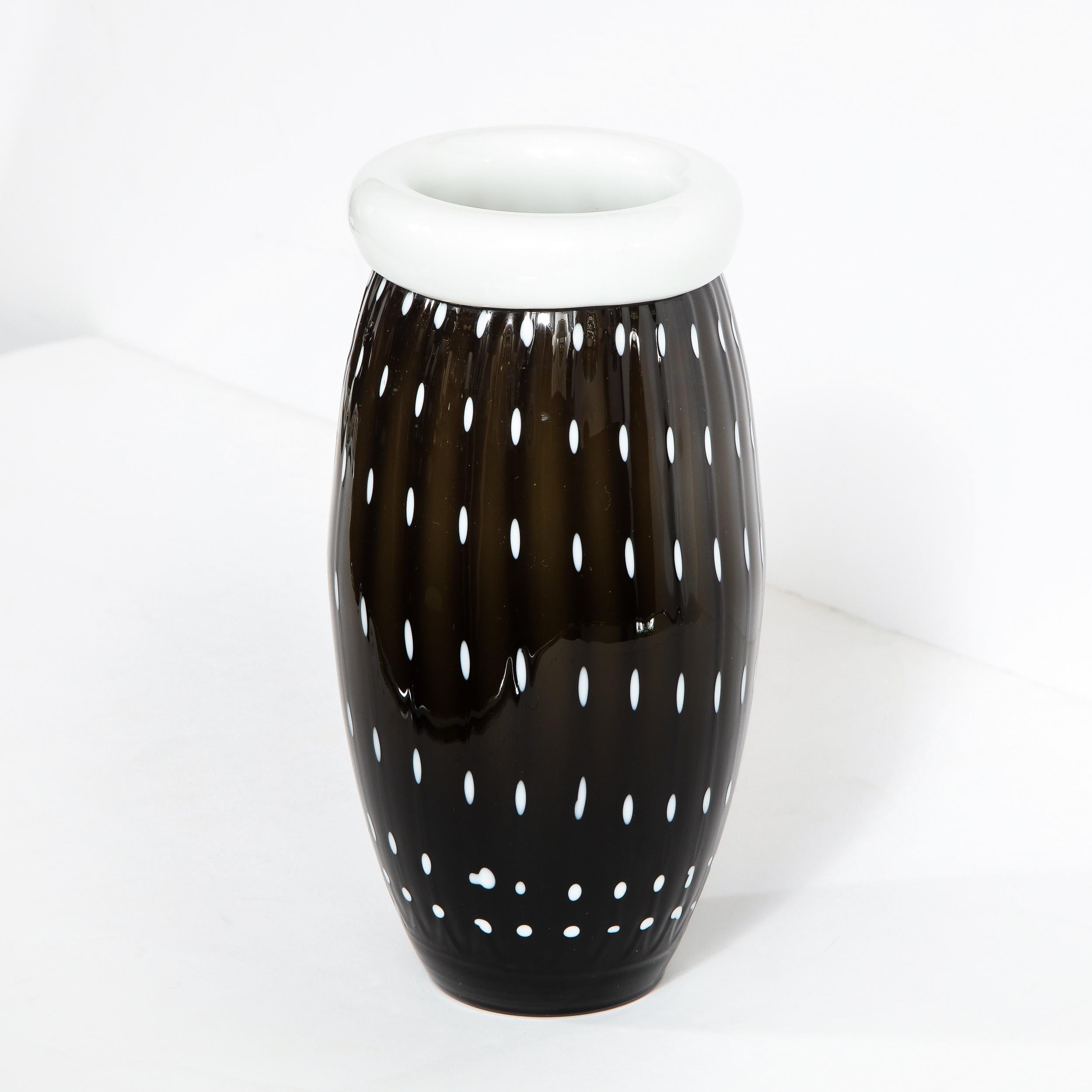 Modernist Black Hand Blown Murano Vase with White Murines 3