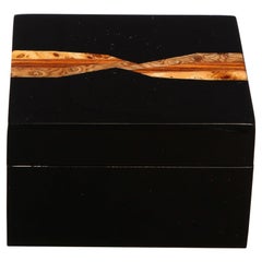 Modernist Black Lacquer Box with Burled Elm, Burled Walnut and Rosewood Inlay