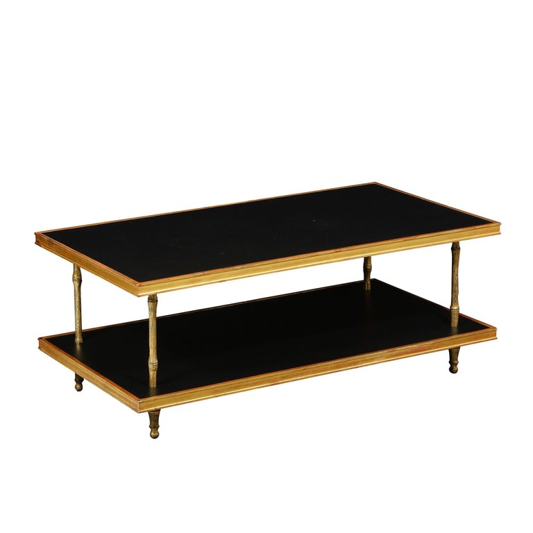 Modernist Black Leather and Giltwood Two-Tier Cocktail Table by Carole Gratale In Excellent Condition In New York, NY