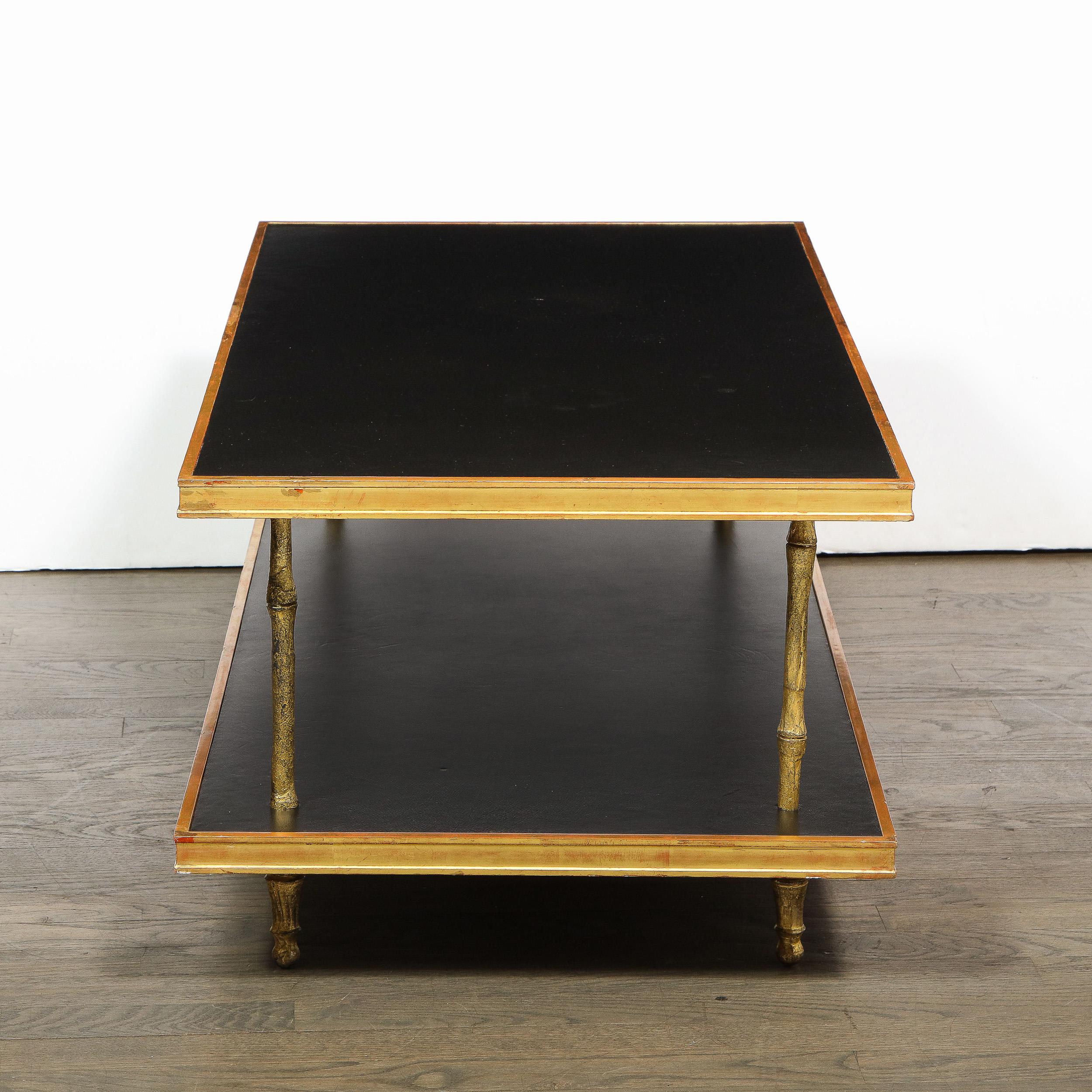 20th Century Modernist Black Leather and Giltwood Two-Tier Cocktail Table by Carole Gratale