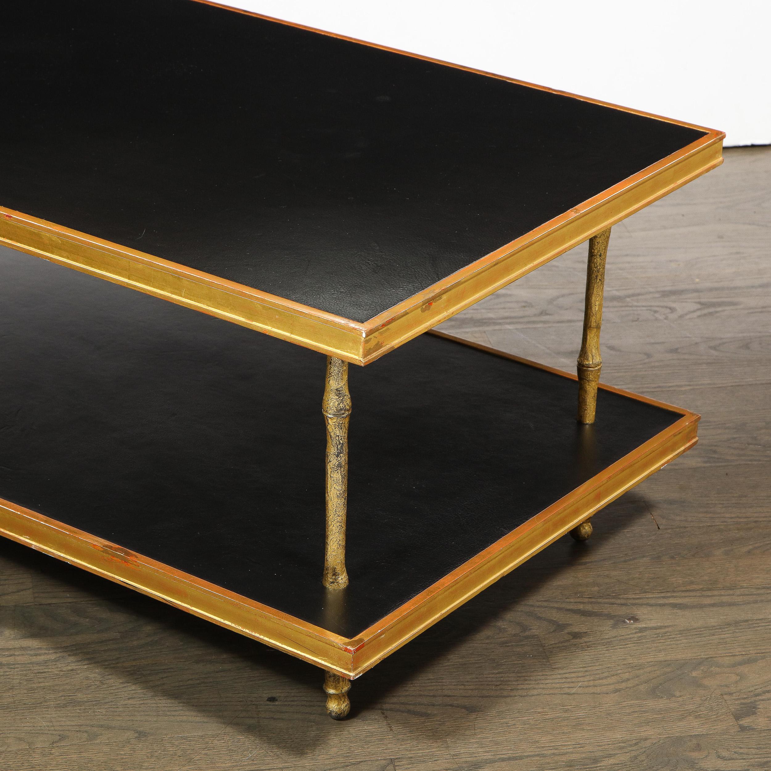 Modernist Black Leather and Giltwood Two-Tier Cocktail Table by Carole Gratale 1