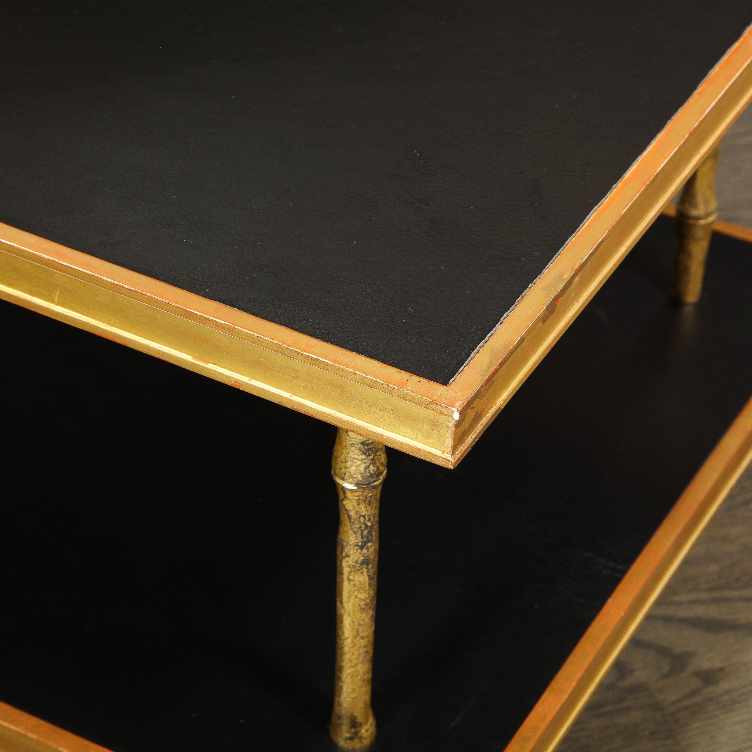 Modernist Black Leather and Giltwood Two-Tier Cocktail Table by Carole Gratale 2