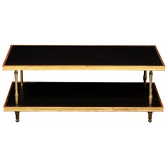 Table basse moderniste à deux niveaux en cuir noir et bois doré de Carole Gratale