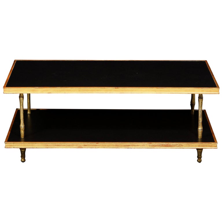 Modernist Black Leather and Giltwood Two-Tier Cocktail Table by Carole Gratale