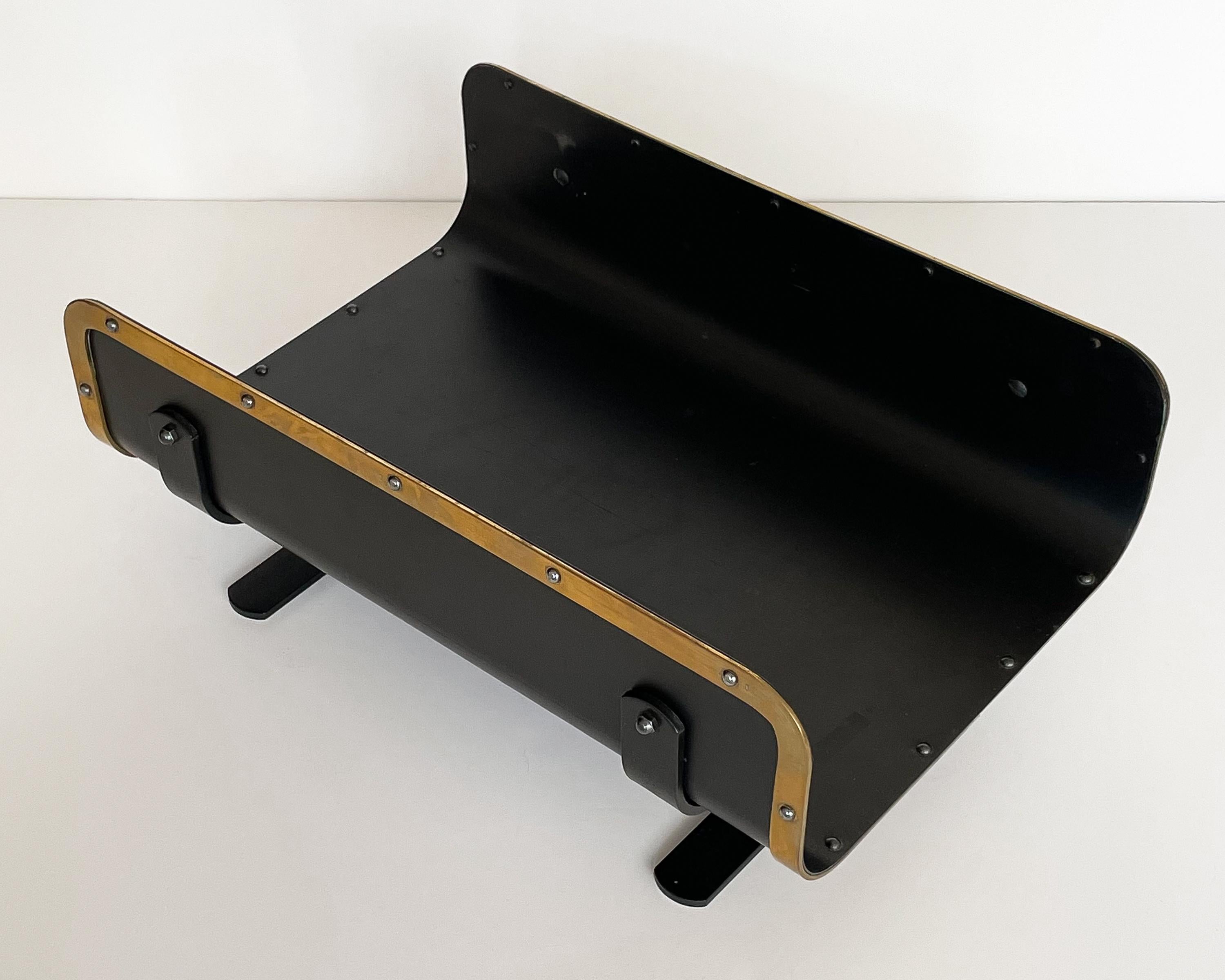 Modernist Black Metal and Brass Log Holder / Magazine Rack In Good Condition In Chicago, IL