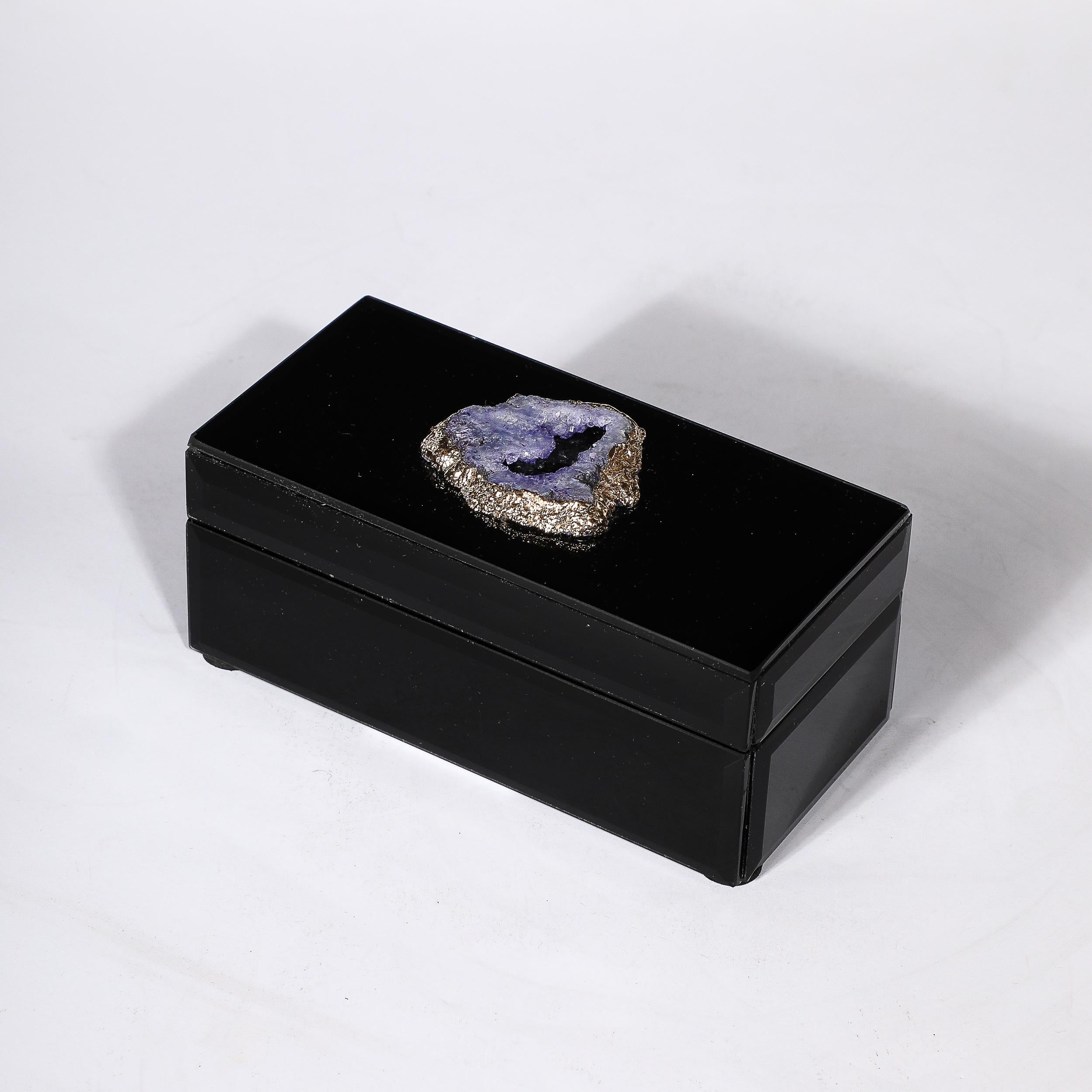 20th Century Modernist Black Mirror Box w/ Beveled & Sliced Gilt Geode Detailing For Sale