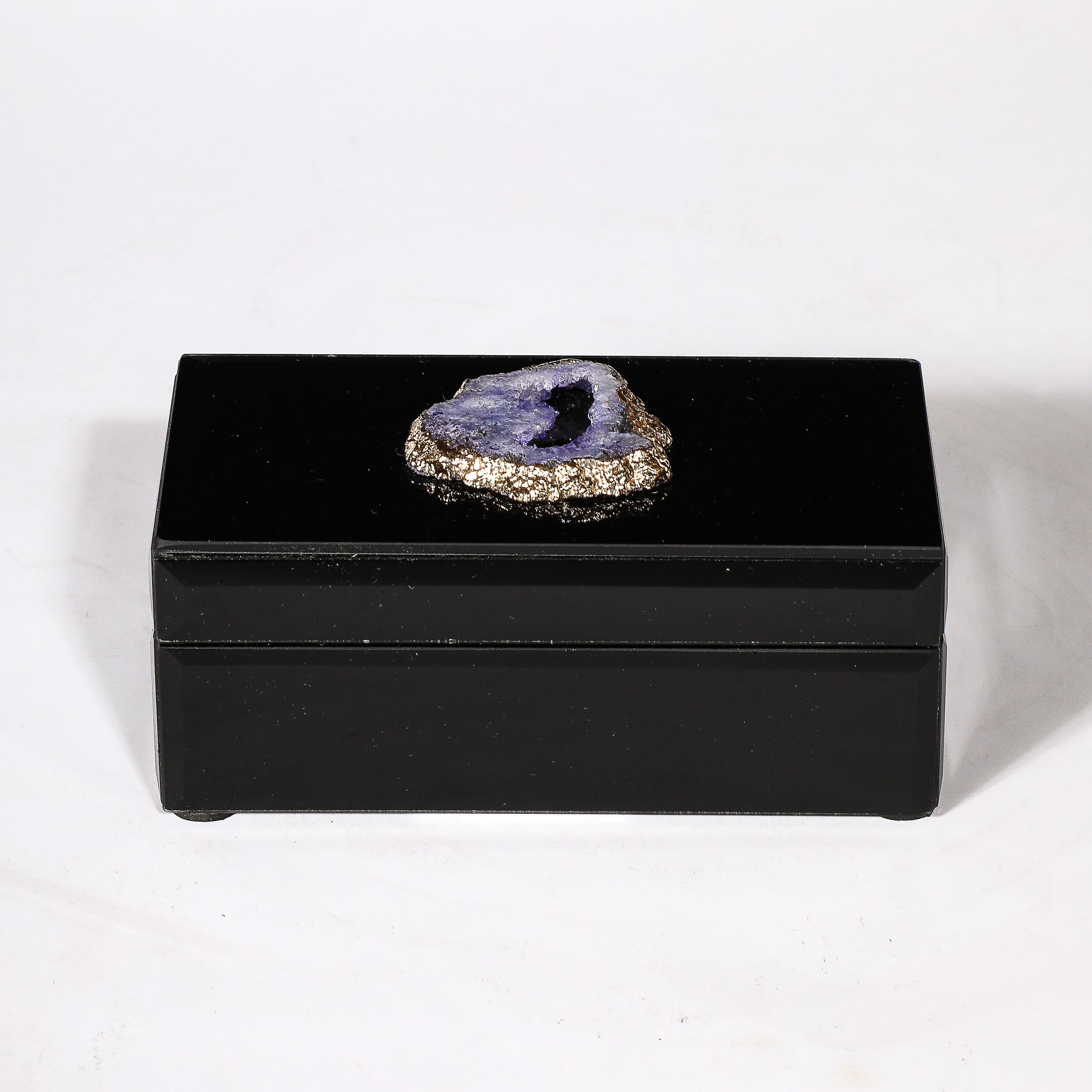 Modernist Black Mirror Box w/ Beveled & Sliced Gilt Geode Detailing For Sale 1
