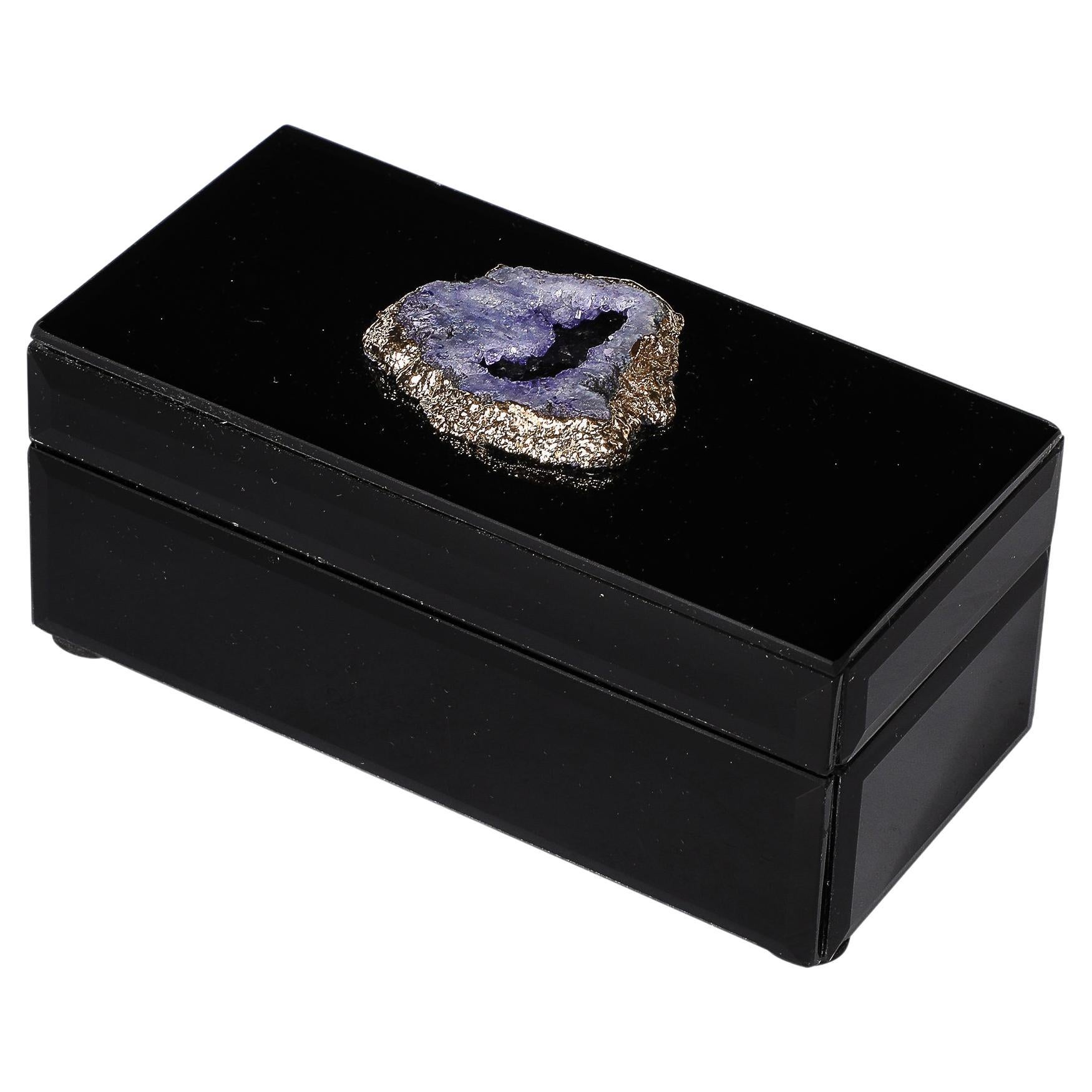 Modernist Black Mirror Box w/ Beveled & Sliced Gilt Geode Detailing