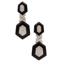 Modernist Black Onyx Dangle Drop Earrings 18kt Yellow Gold with 5.04ctw Diamond