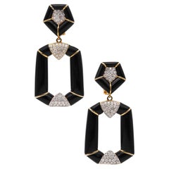 Vintage Modernist Black Onyx Dangle Drop Earrings in 18Kt Yellow Gold 2.64 Ctw Diamonds