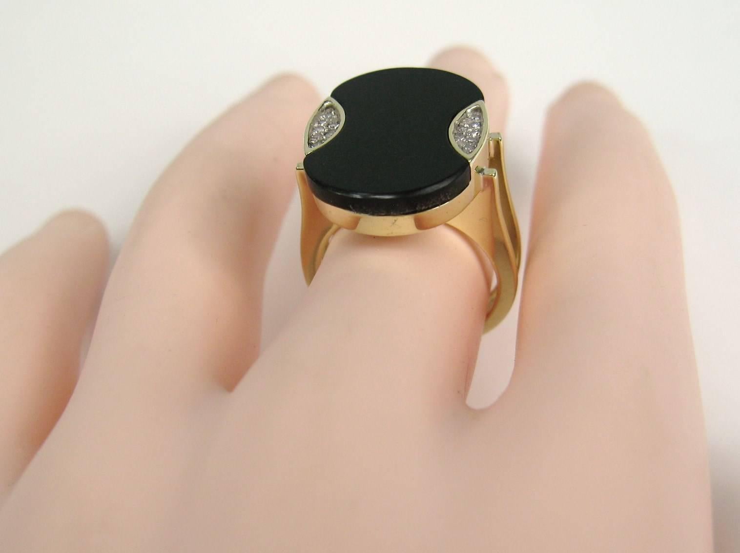 Women's or Men's Modernist Black Onyx Diamond Ring 14 Karat For Sale