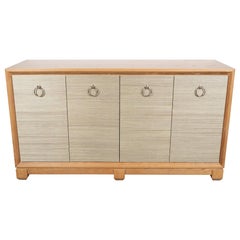 Modernist Bleached Cerused Oak and Grass Cloth Sideboard, Polished Nickel Pulls