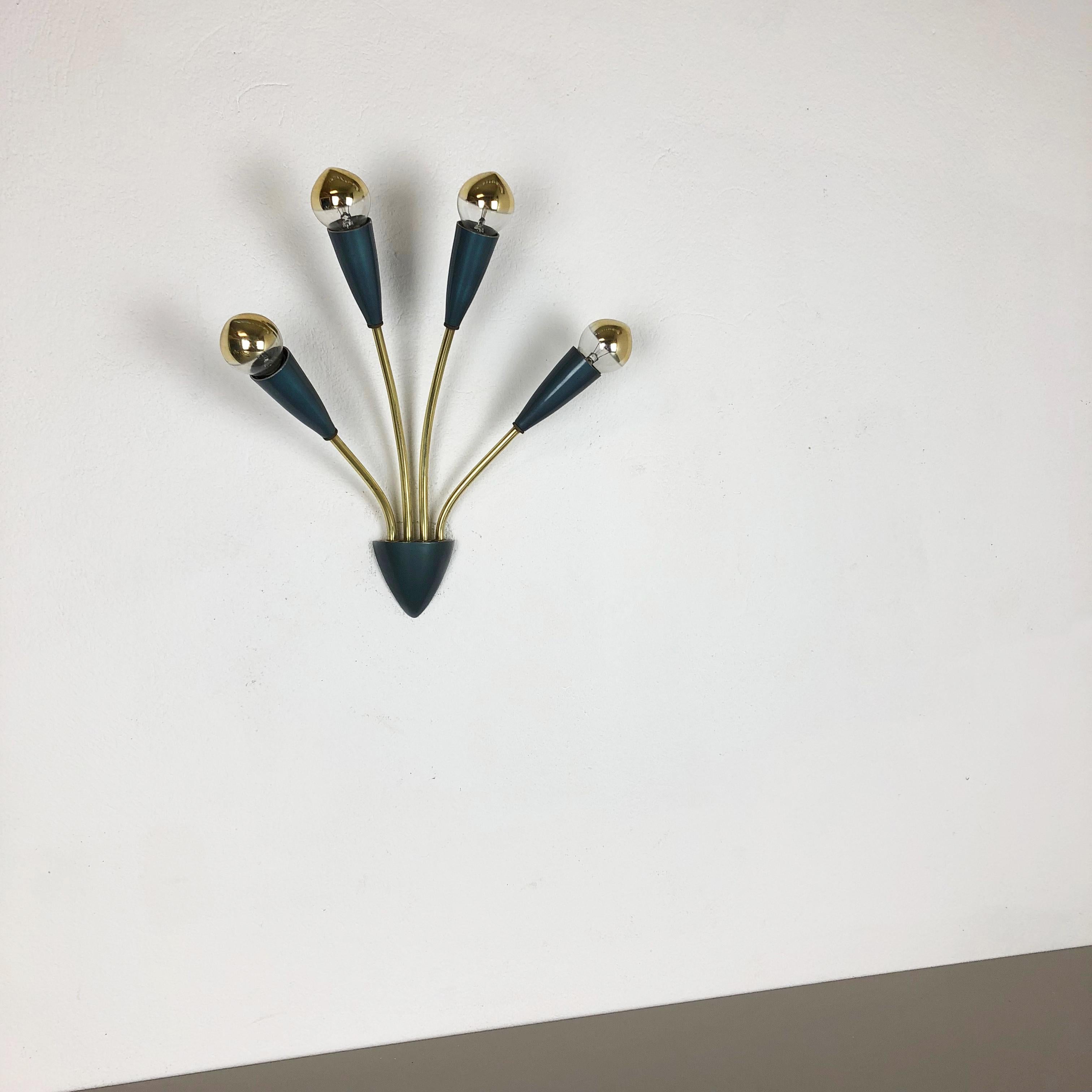 Mid-Century Modern Modernist Blue and Brass Italian Theatre Wall Light Sconces, Italy, 1950s For Sale