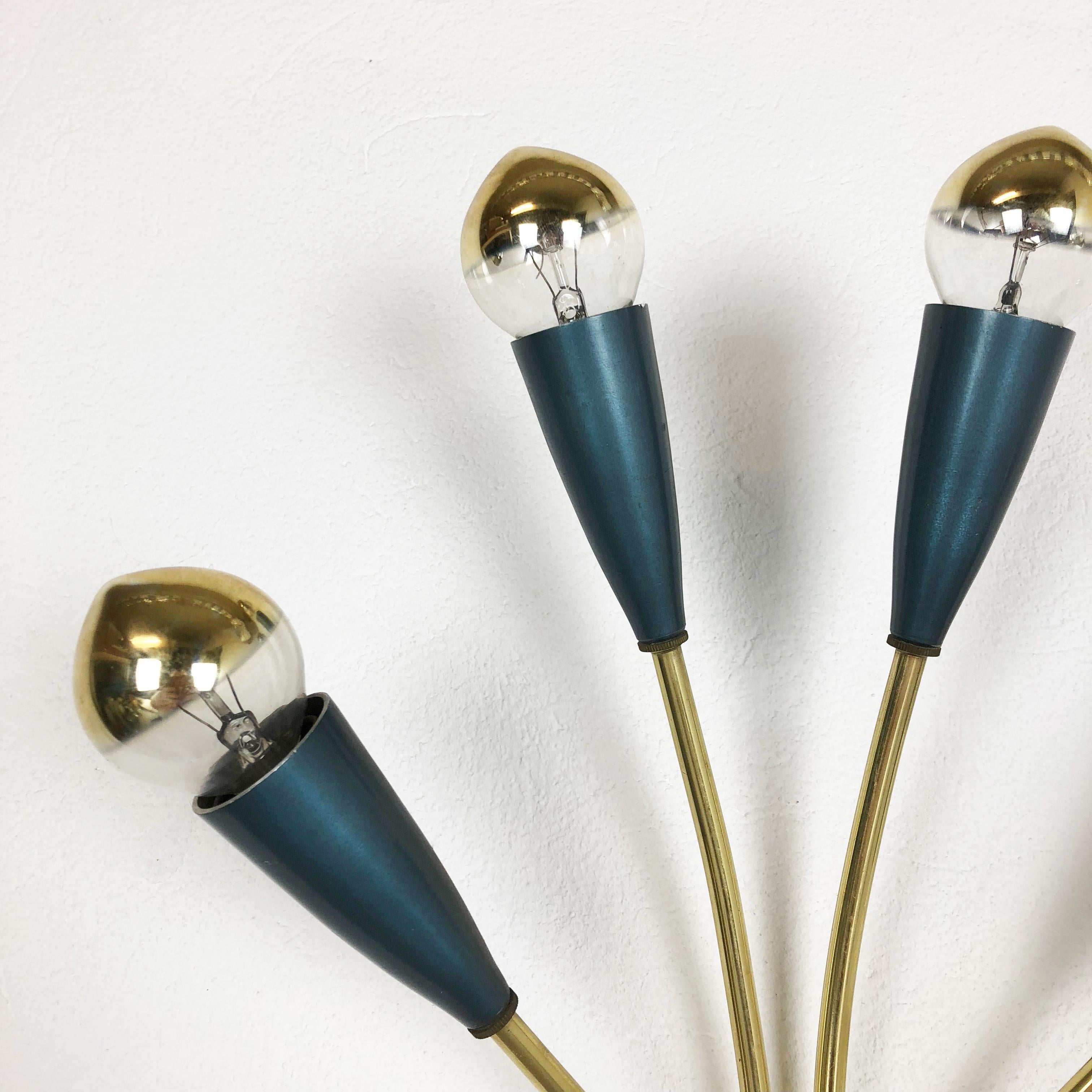 Metal Modernist Blue and Brass Italian Theatre Wall Light Sconces, Italy, 1950s For Sale