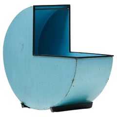 Vintage Modernist Blue Circular Wooden Cradle, Netherlands, 1930s