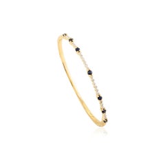 Modernist Blue Sapphire and Diamond Bangle Bracelet for Mom in 14k Yellow Gold
