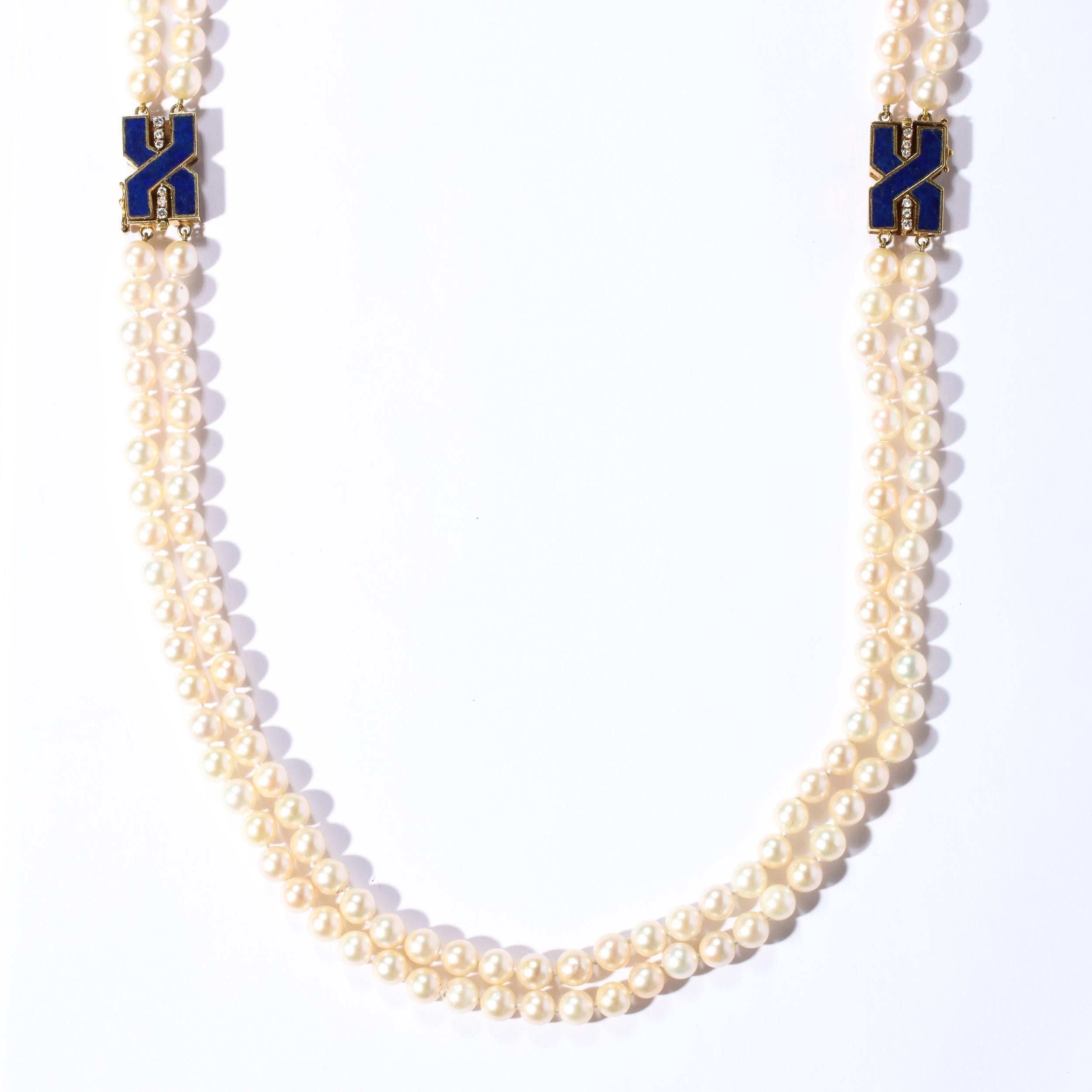 Modernist Bold Double Stand Pearl Necklace with Lapis, Gold and Diamond Clasps For Sale 5
