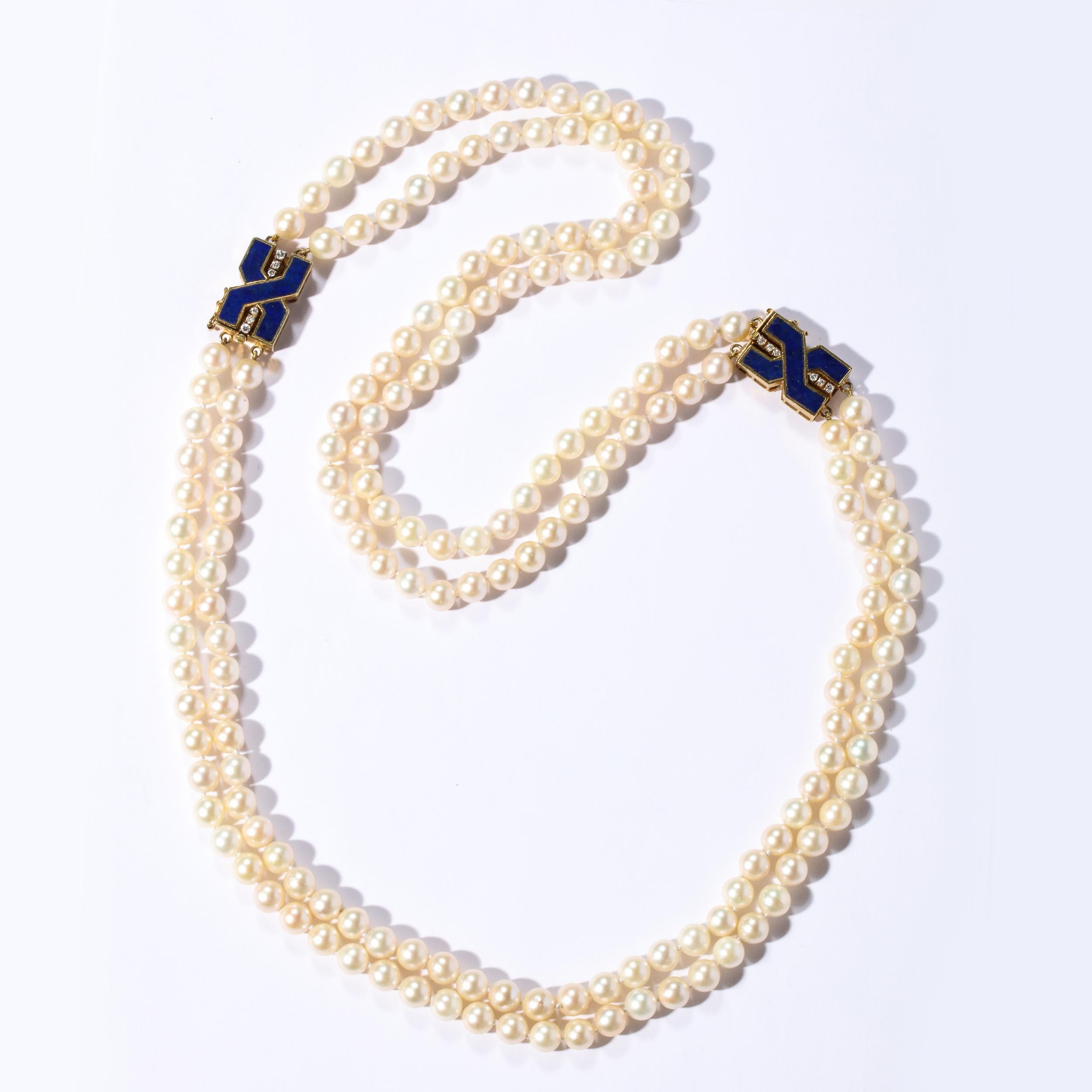 Modernist Bold Double Stand Pearl Necklace with Lapis, Gold and Diamond Clasps For Sale 6