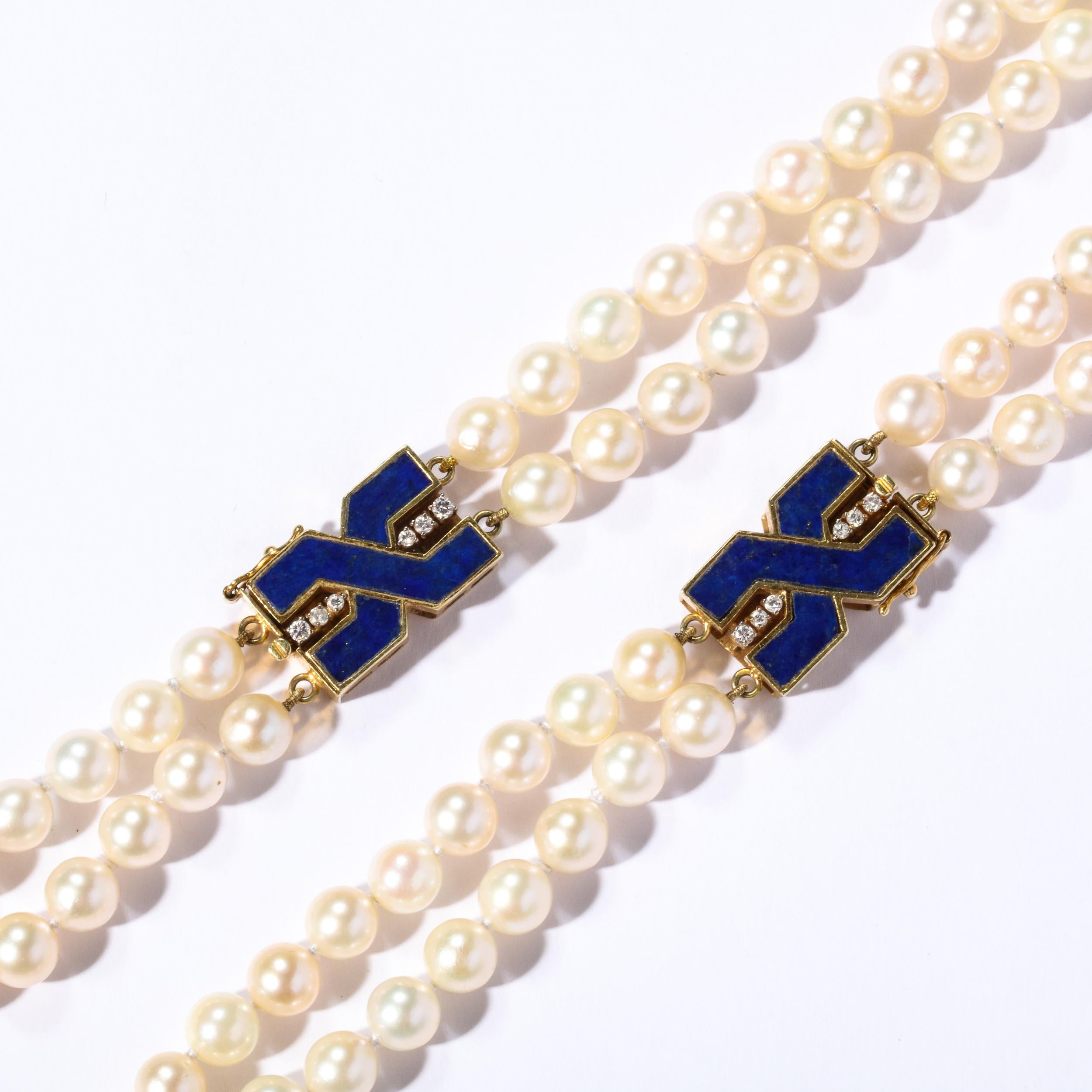 Modernist Bold Double Stand Pearl Necklace with Lapis, Gold and Diamond Clasps For Sale 7