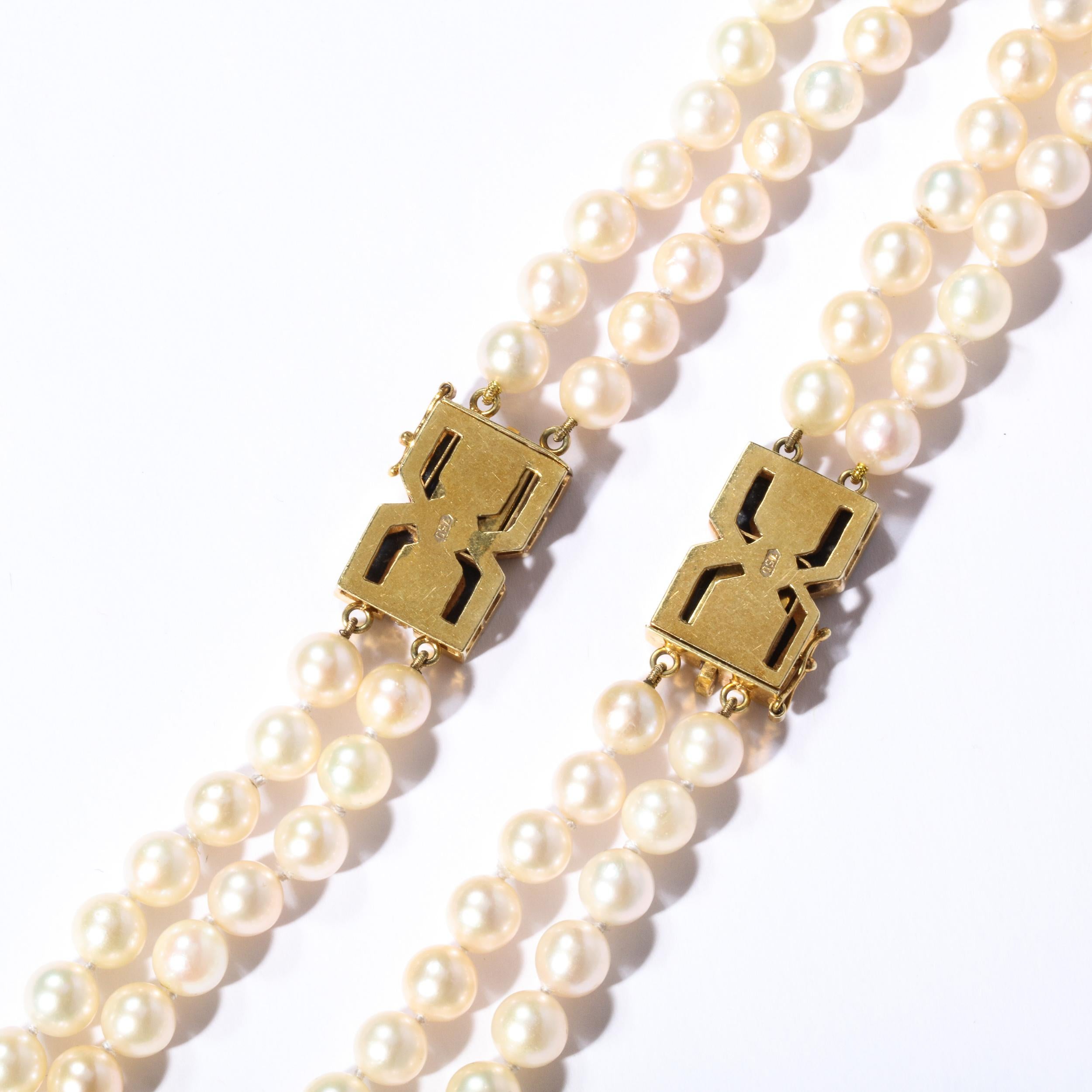 Modernist Bold Double Stand Pearl Necklace with Lapis, Gold and Diamond Clasps For Sale 8