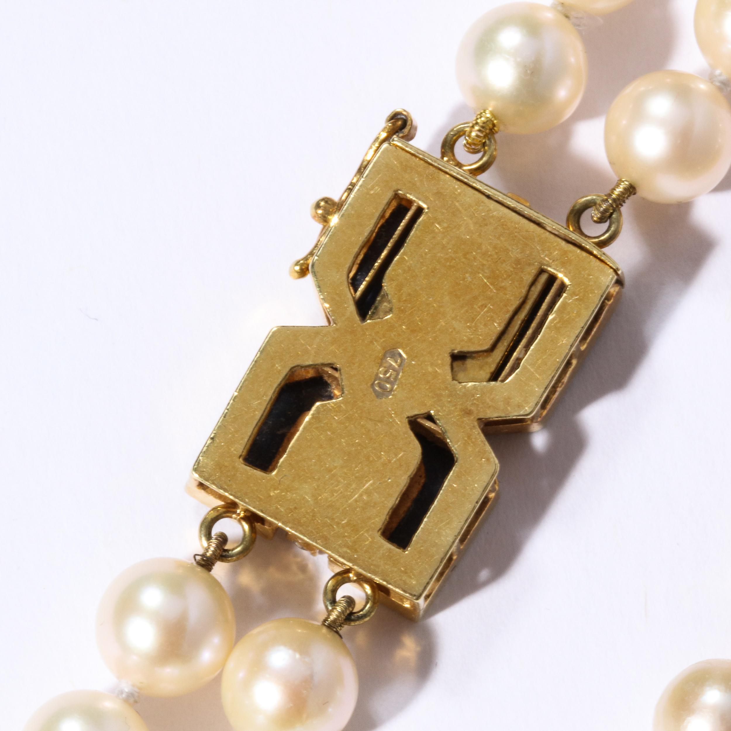 Modernist Bold Double Stand Pearl Necklace with Lapis, Gold and Diamond Clasps For Sale 9