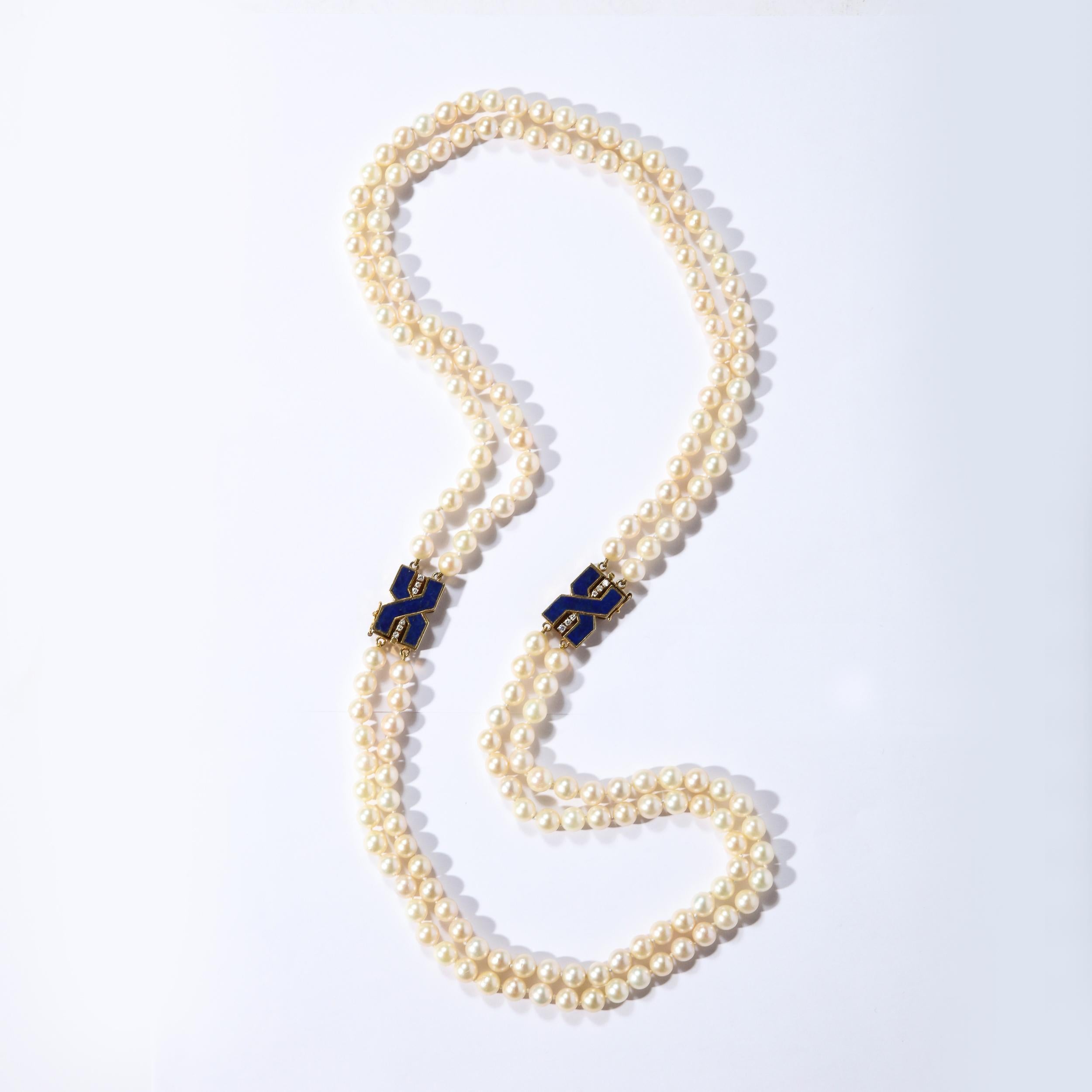 Modernist Bold Double Stand Pearl Necklace with Lapis, Gold and Diamond Clasps For Sale 10