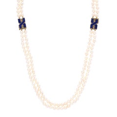 Modernist Bold Double Stand Pearl Necklace with Lapis, Gold and Diamond Clasps
