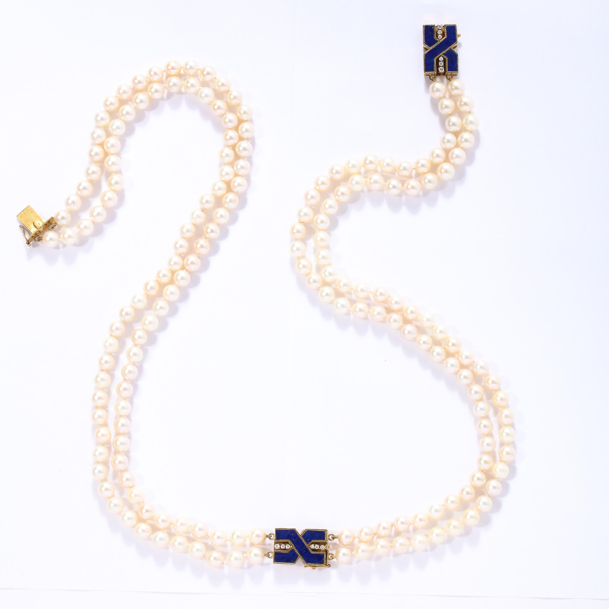 Round Cut Modernist Bold Double Stand Pearl Necklace with Lapis, Gold and Diamond Clasps For Sale