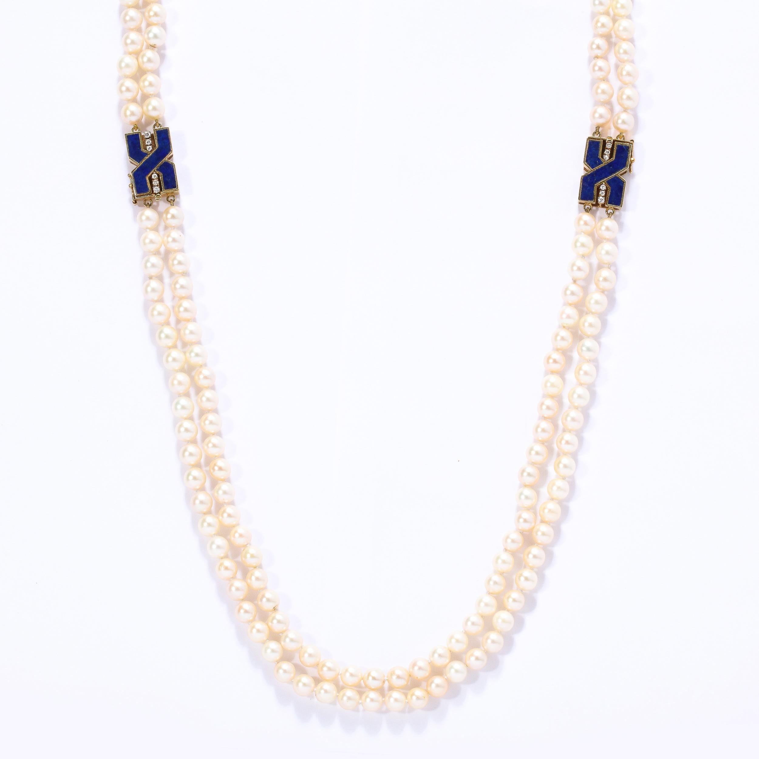 Modernist Bold Double Stand Pearl Necklace with Lapis, Gold and Diamond Clasps In Excellent Condition For Sale In New York, NY