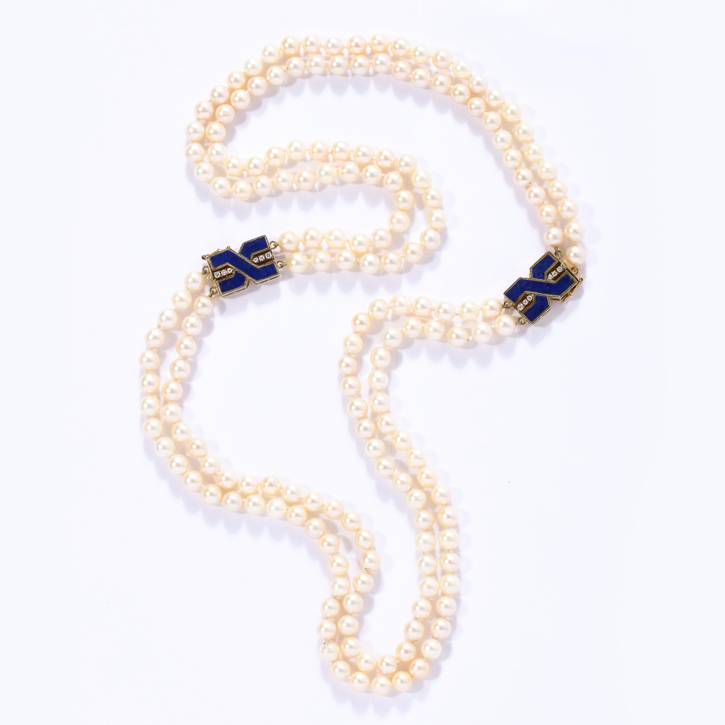 Donna Collana modernista di perle a doppio supporto con fermagli in lapis, oro e diamanti in vendita