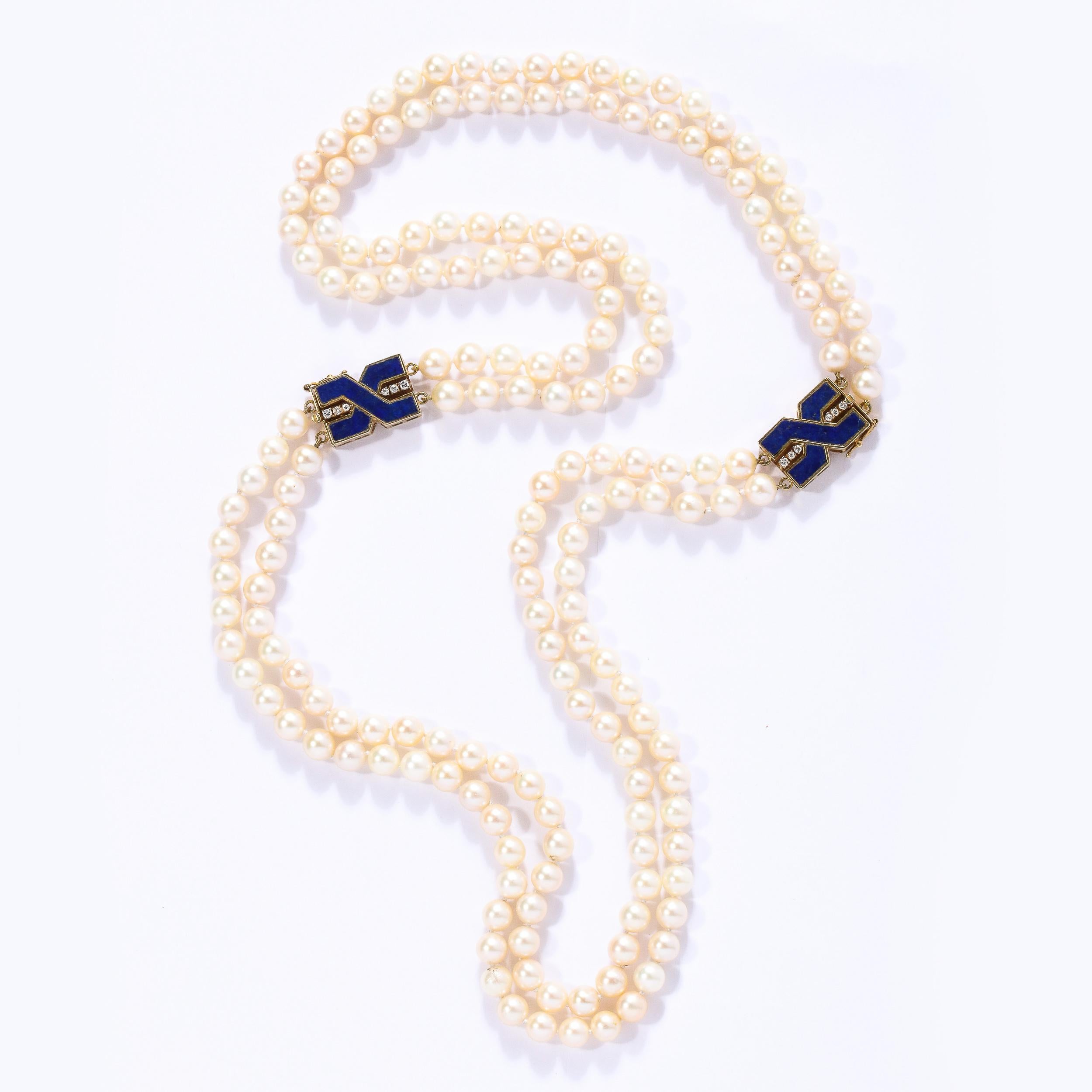 Modernist Bold Double Stand Pearl Necklace with Lapis, Gold and Diamond Clasps For Sale 1