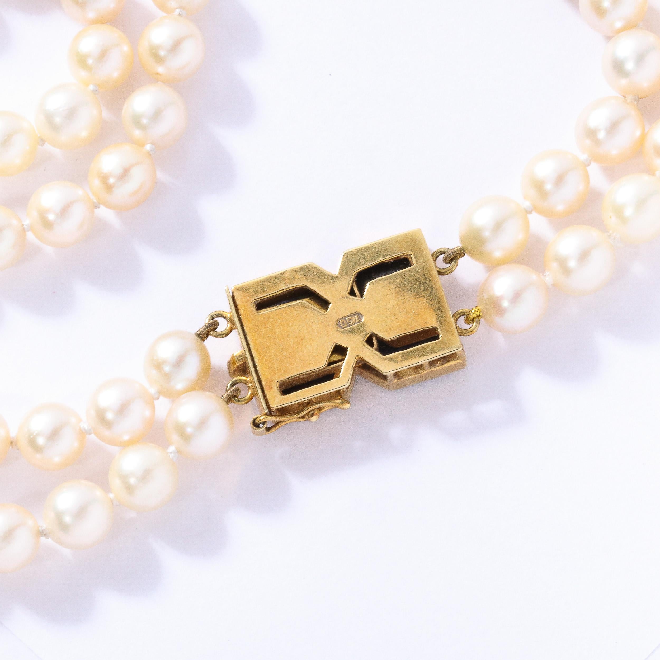 Modernist Bold Double Stand Pearl Necklace with Lapis, Gold and Diamond Clasps For Sale 3