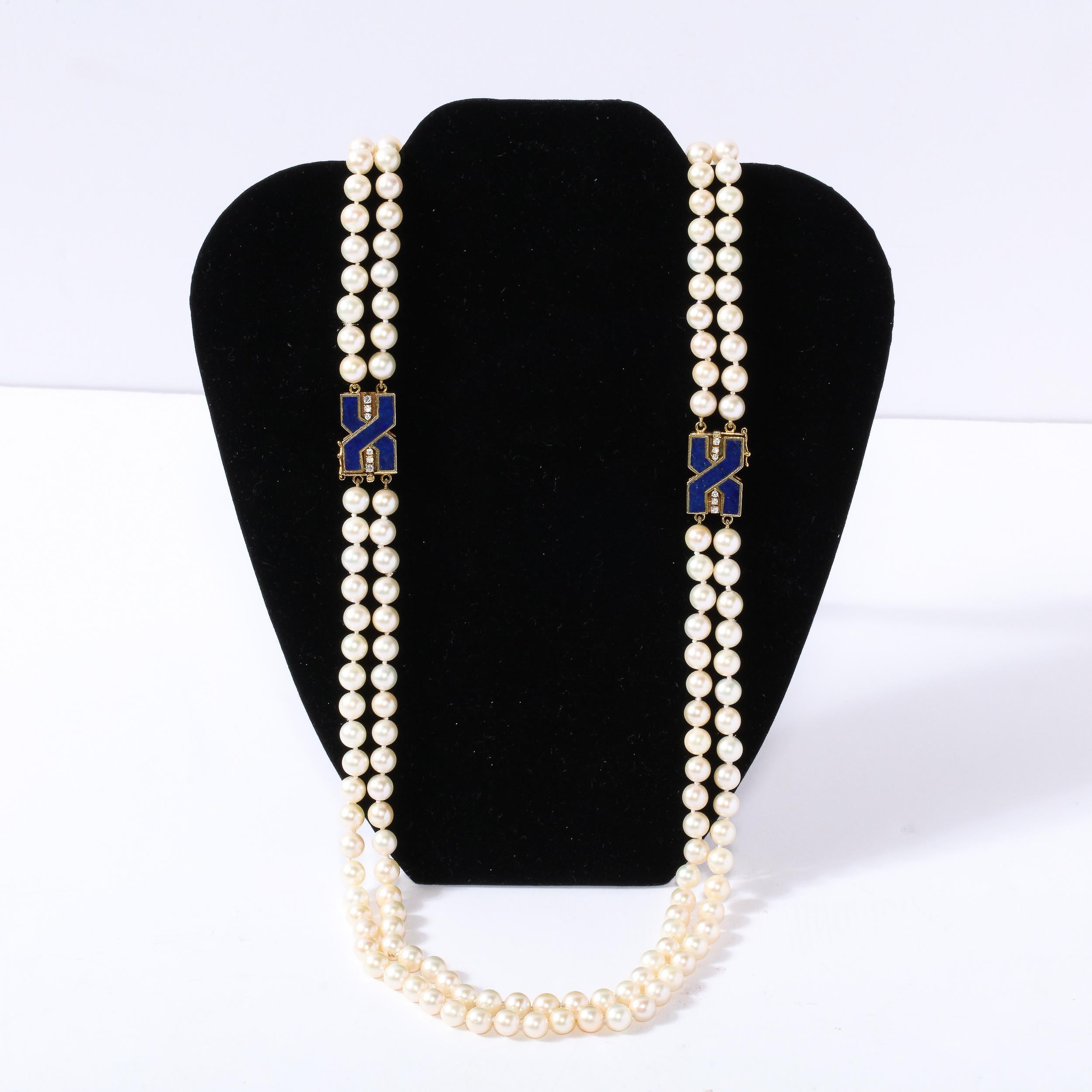 Modernist Bold Double Stand Pearl Necklace with Lapis, Gold and Diamond Clasps For Sale 4